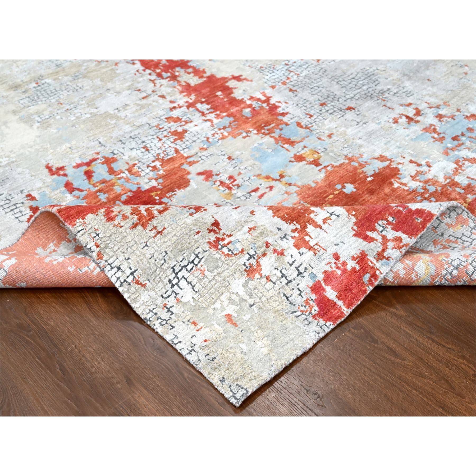 10'x13'10" Dark Coral with Cloud Gray, Abstract with Fire Mosaic Design, Wool and Silk, Hand Knotted, Oriental Rug Sh10010