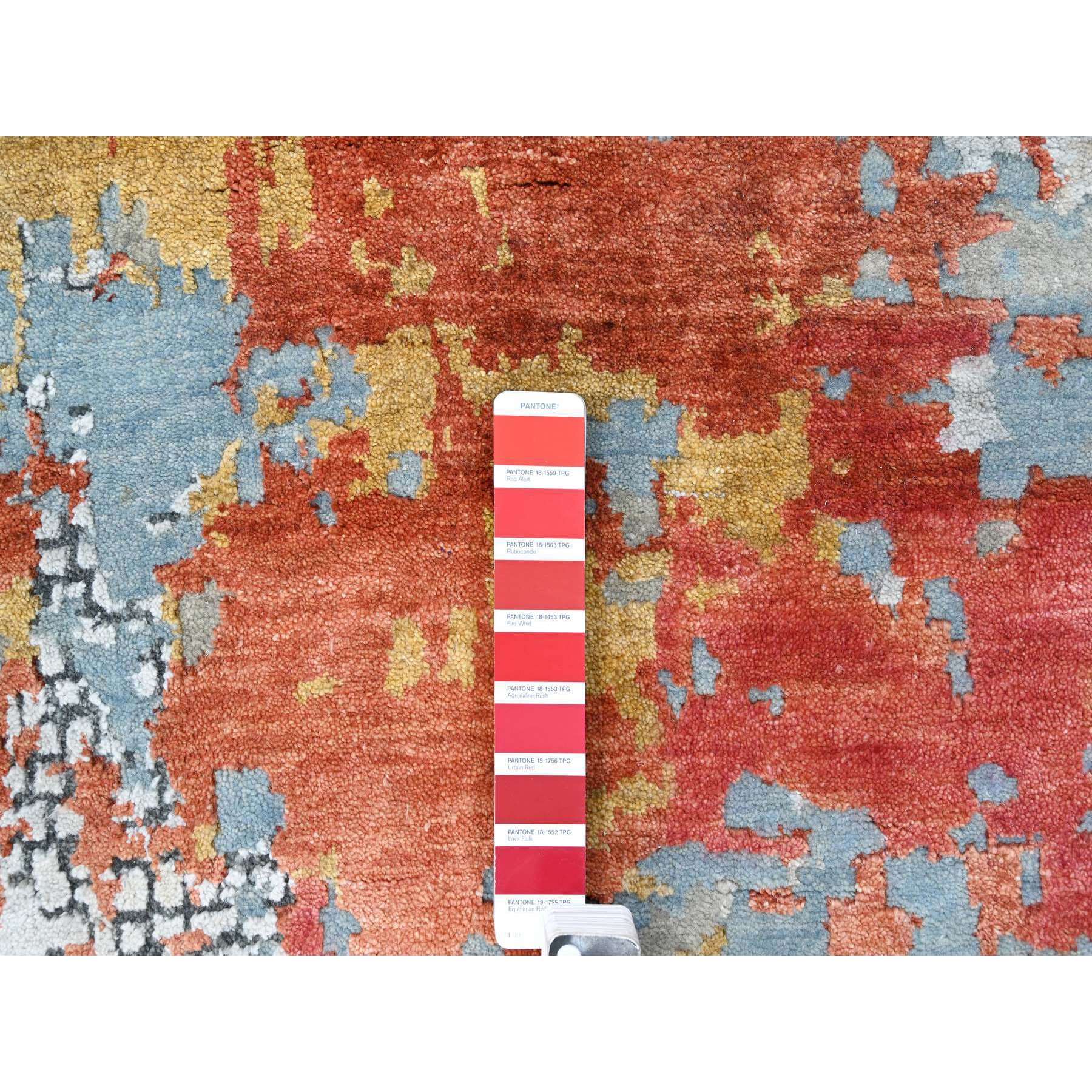 10'x13'10" Dark Coral with Cloud Gray, Abstract with Fire Mosaic Design, Wool and Silk, Hand Knotted, Oriental Rug Sh10010