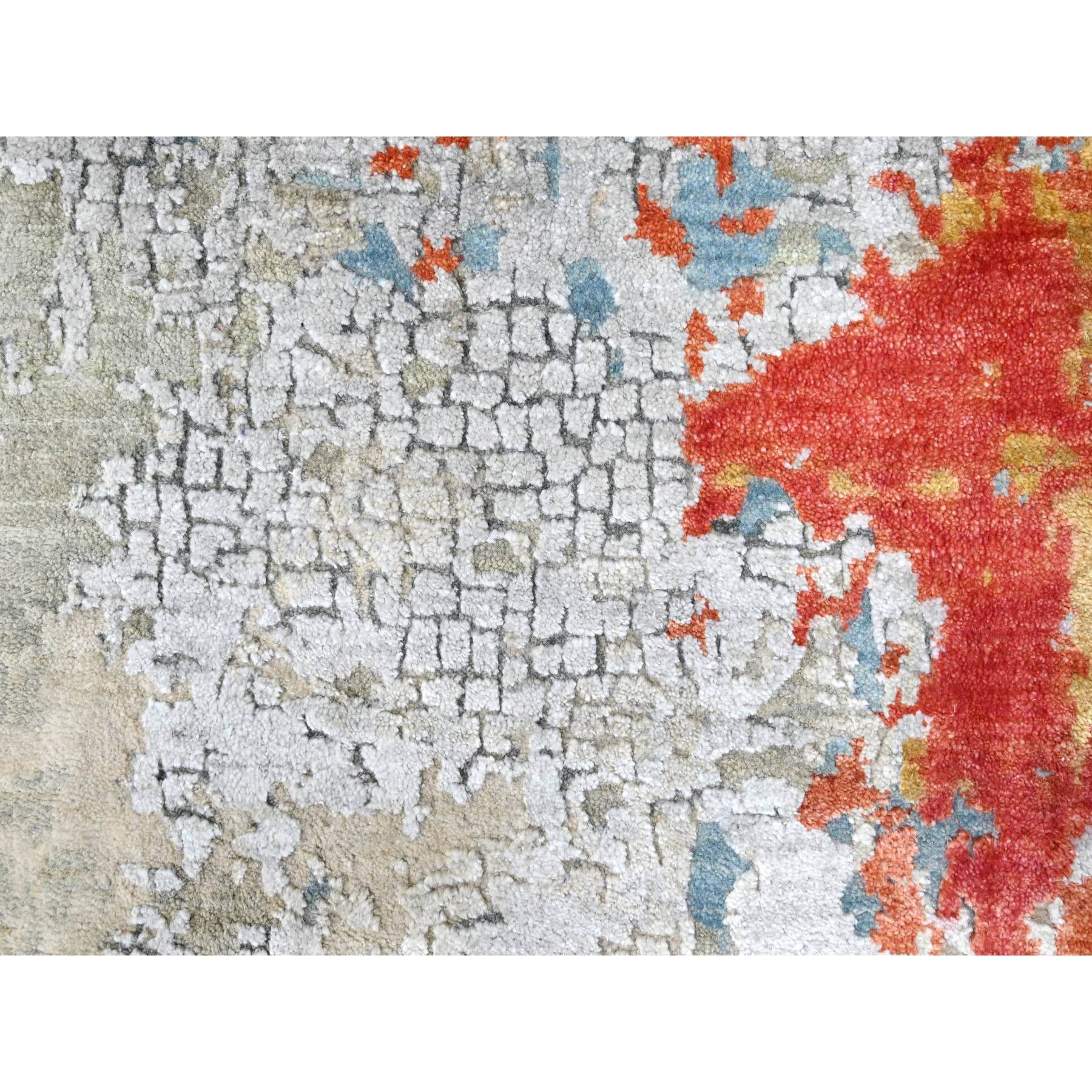 10'x13'10" Dark Coral with Cloud Gray, Abstract with Fire Mosaic Design, Wool and Silk, Hand Knotted, Oriental Rug Sh10010