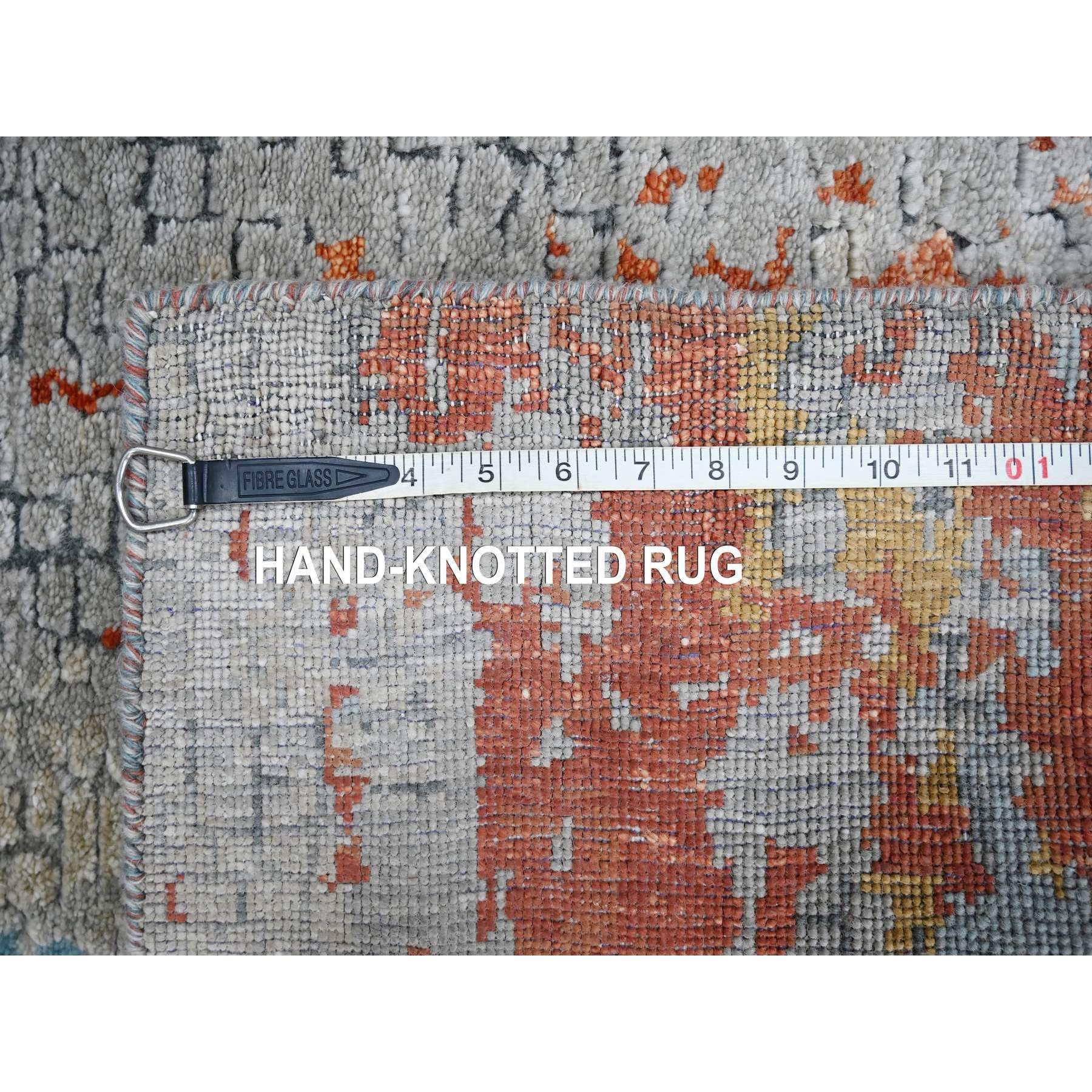 2'7"x5'10" Burnt Orange with Medium Gray, Abstract with Fire Mosaic Design, Wool and Silk, Hand Knotted, Runner, Oriental Rug Sh10012