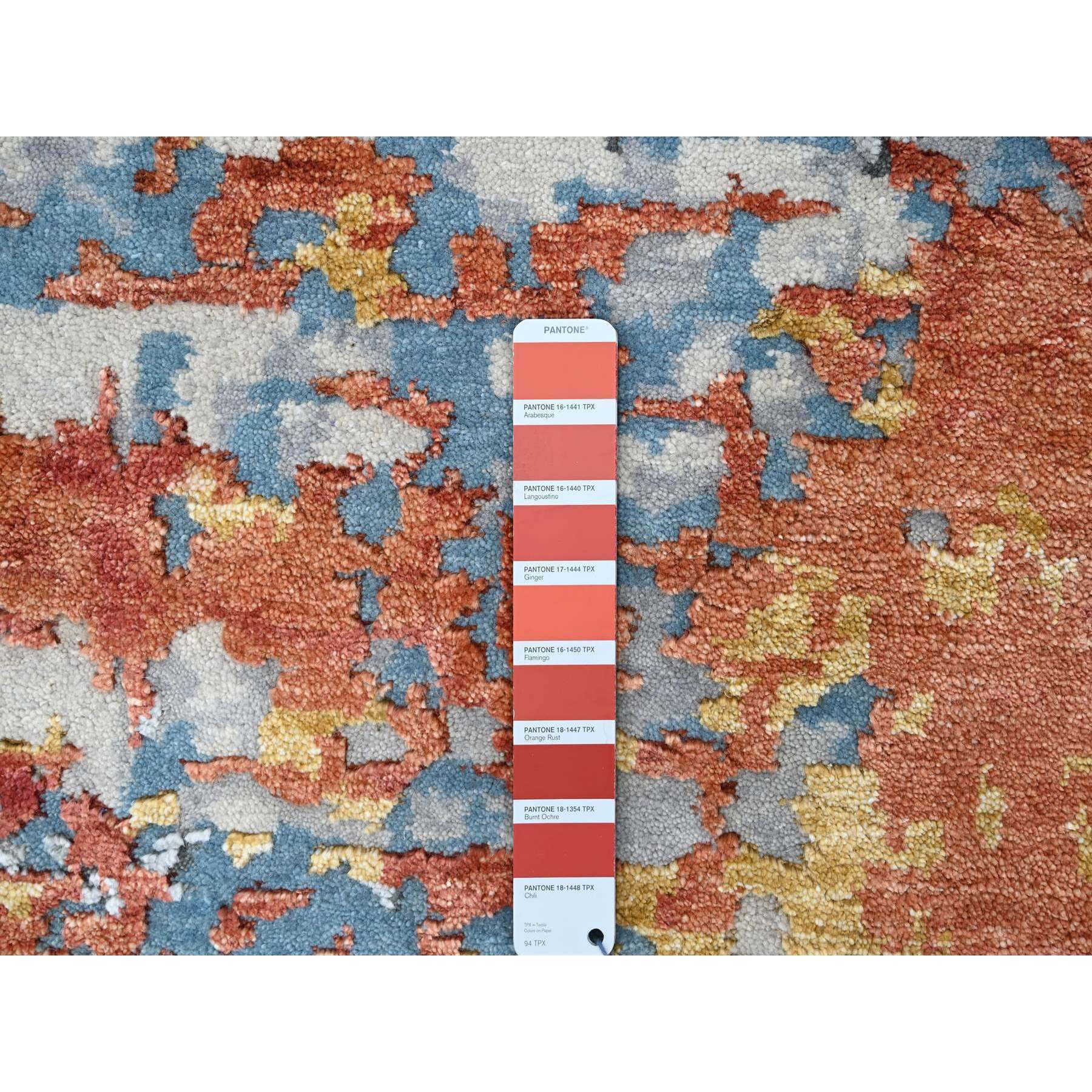 12'x12' Burnt Orange with Cloud Gray, Abstract with Fire Mosaic Design, Wool and Silk, Hand Knotted, Square Oriental Rug Sh10014