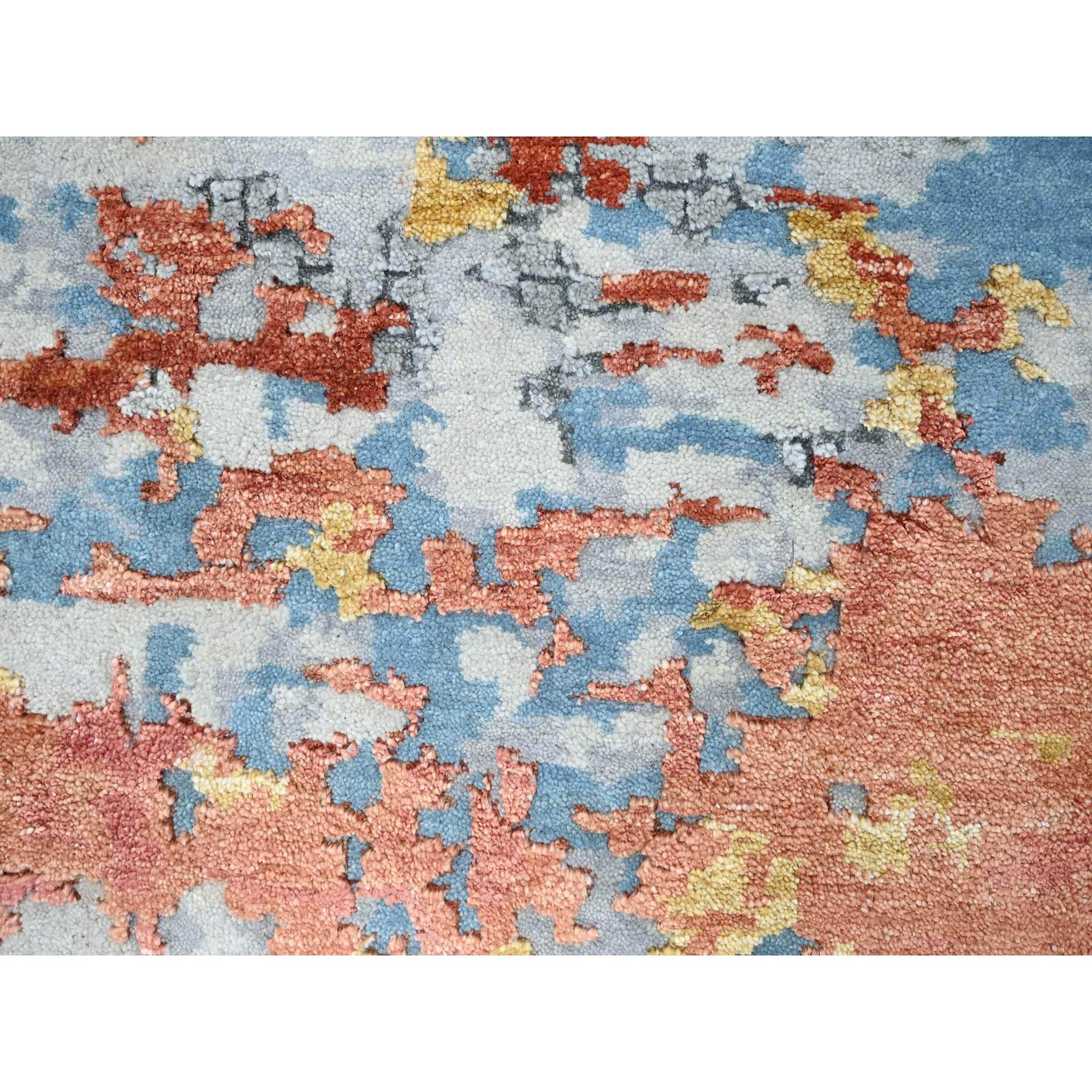 12'x12' Burnt Orange with Cloud Gray, Abstract with Fire Mosaic Design, Wool and Silk, Hand Knotted, Square Oriental Rug Sh10014