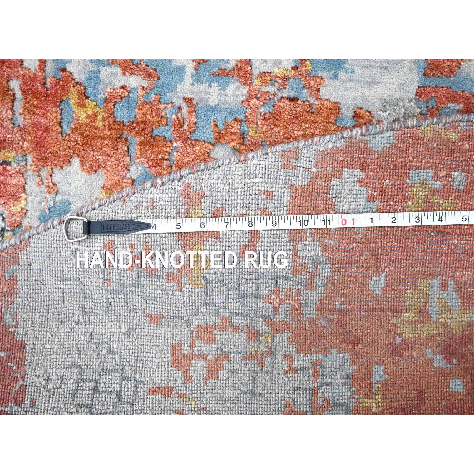 11'10"x11'10" Rust Orange with Medium Gray, Hand Knotted, Abstract with Fire Mosaic Design, Wool and Silk, Round, Oriental Rug Sh10015