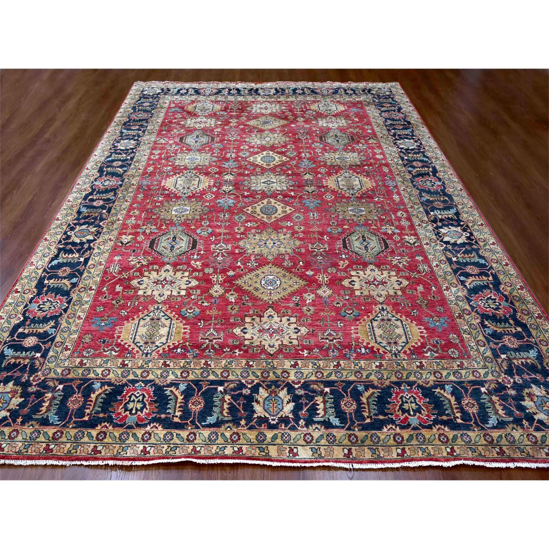 10'1"x13'10" Falcons Red, Karajeh Design with Tribal Medallions, Soft Wool, Hand Knotted, Oriental Rug Sh10021