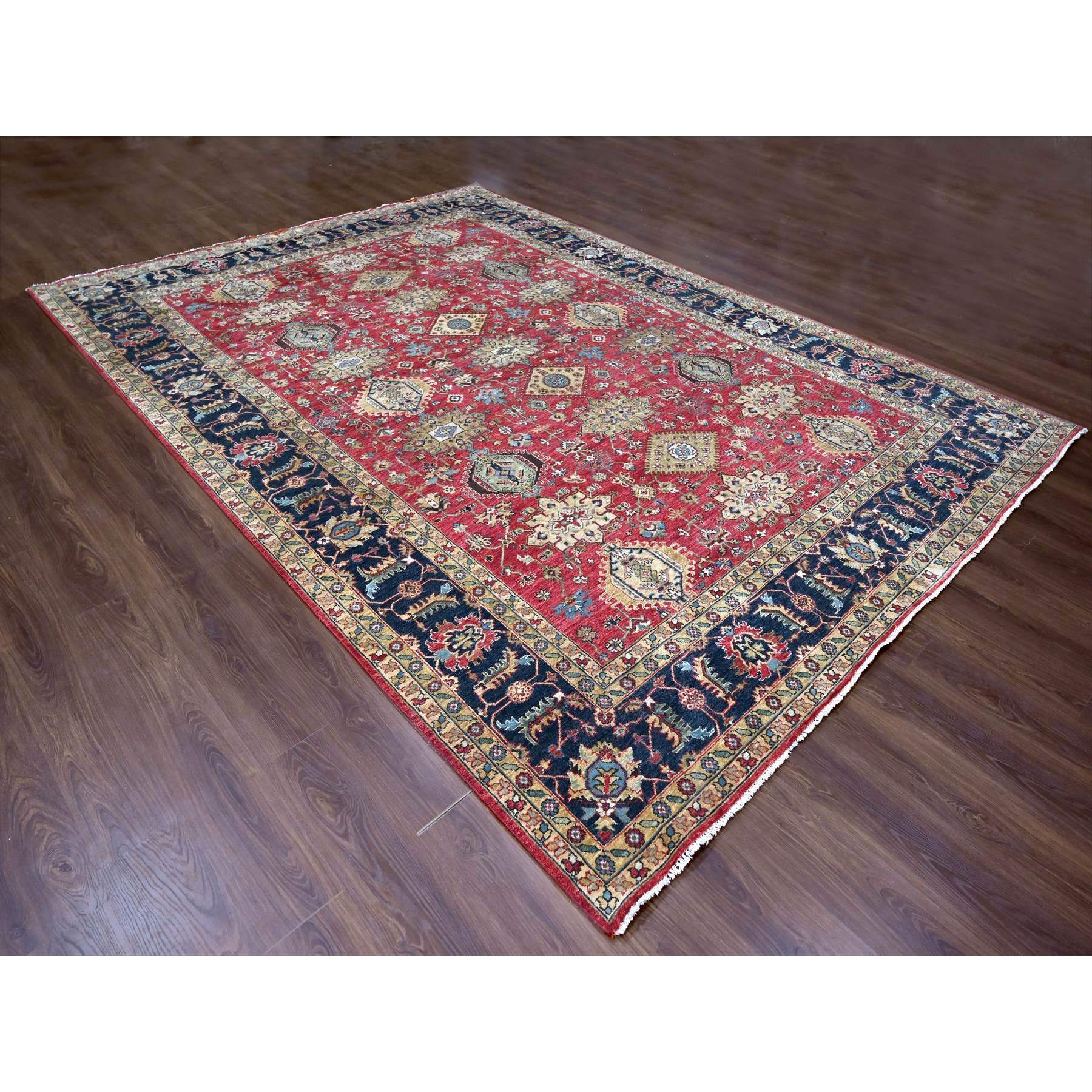 10'1"x13'10" Falcons Red, Karajeh Design with Tribal Medallions, Soft Wool, Hand Knotted, Oriental Rug Sh10021