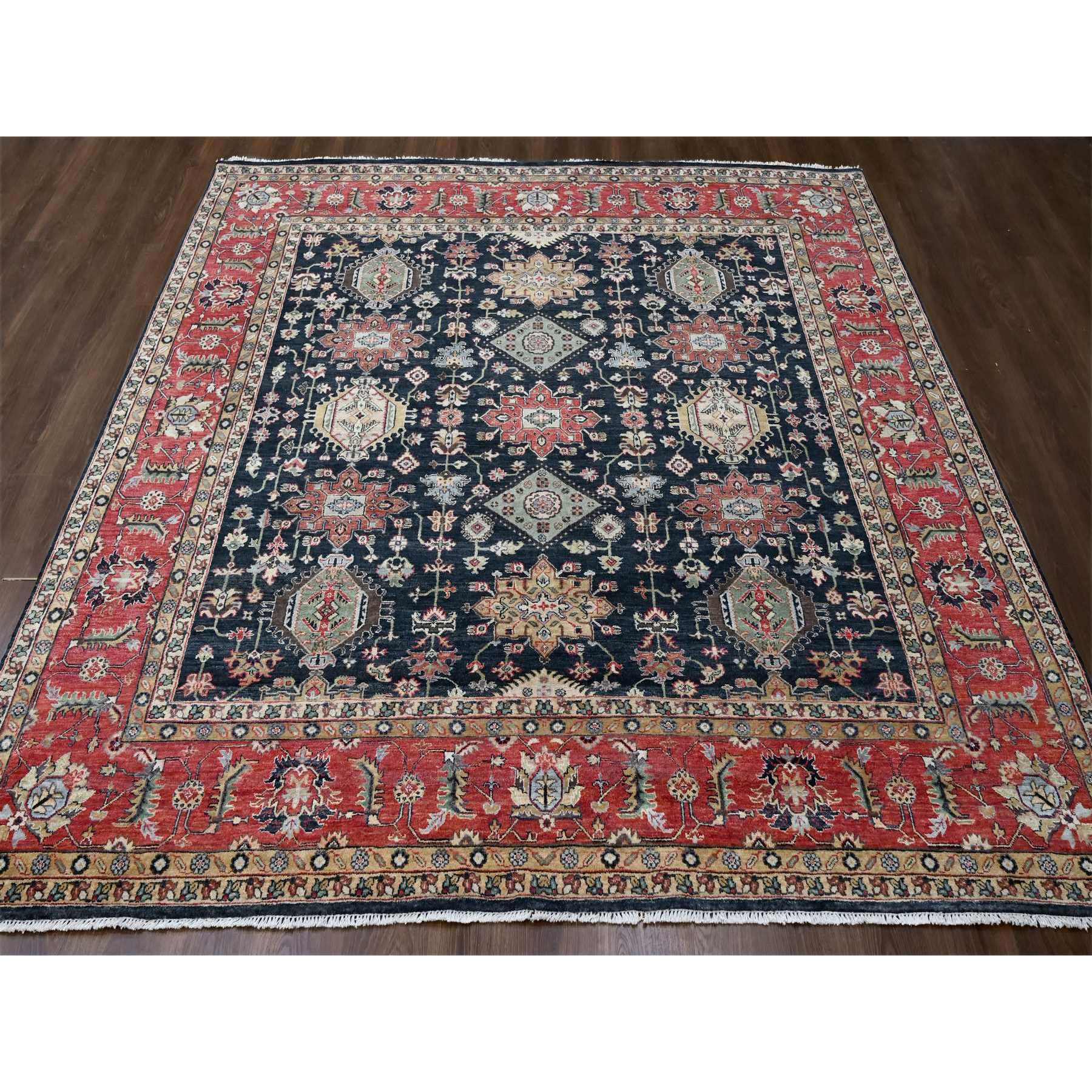 10'2"x10'2" Power Black, Hand Knotted, Karajeh Design with All Over Pattern, Vegetable Dyes, Soft Pile, 100% Wool, Square, Oriental Rug Sh10023