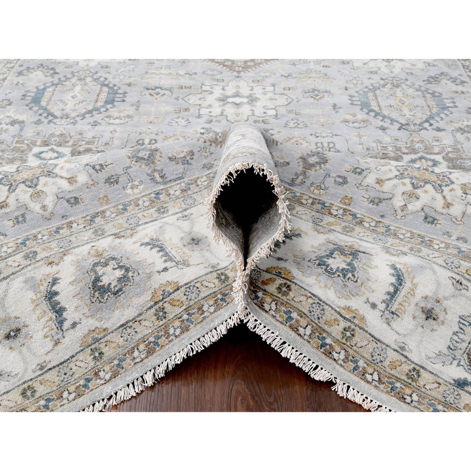 7'10"x9'9" Ice Gray, Hand Knotted, Karajeh and Geometric Design, Organic Wool, Oriental Rug Sh10026
