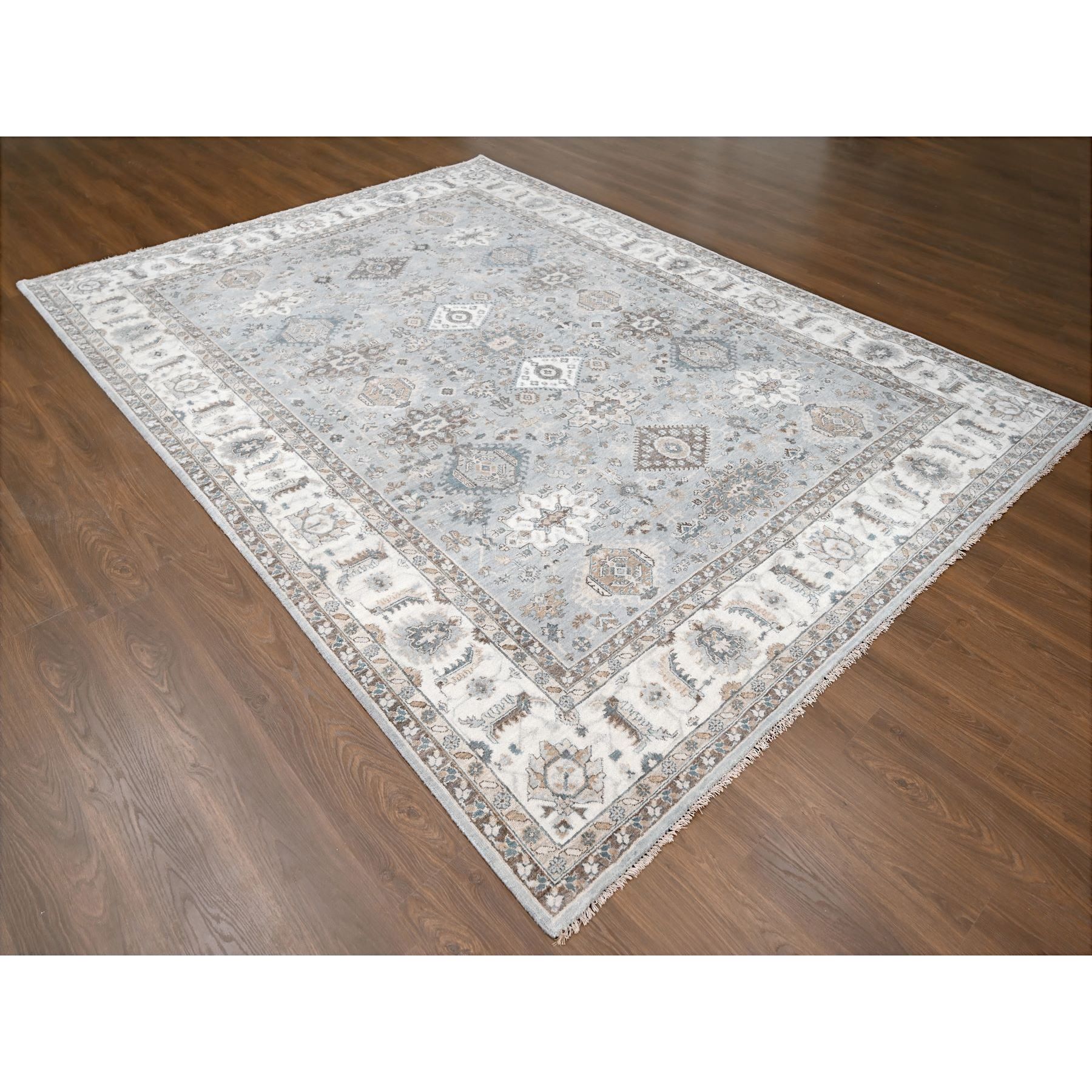 9'2"x11'8" Gentle Gray, Organic Wool, Hand Knotted, Karajeh and Geometric Design, Oriental Rug Sh10027