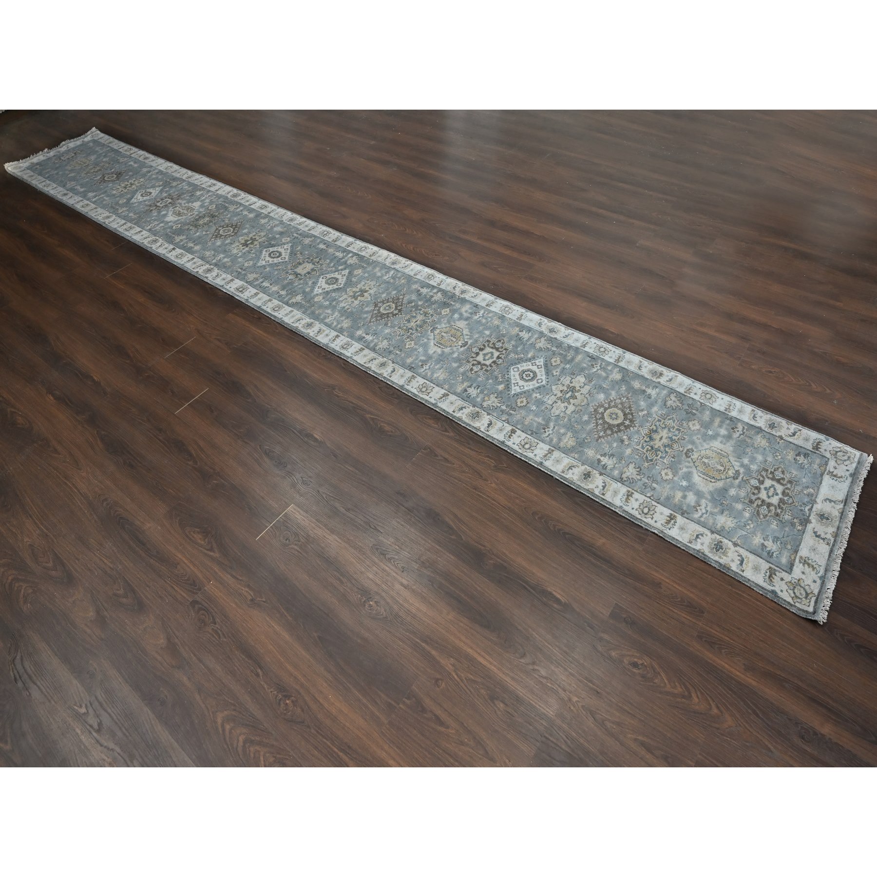 2'8"x20' Bright Gray, Karajeh and Geometric Design, Organic Wool, Hand Knotted, XL Runner, Oriental Rug Sh10028