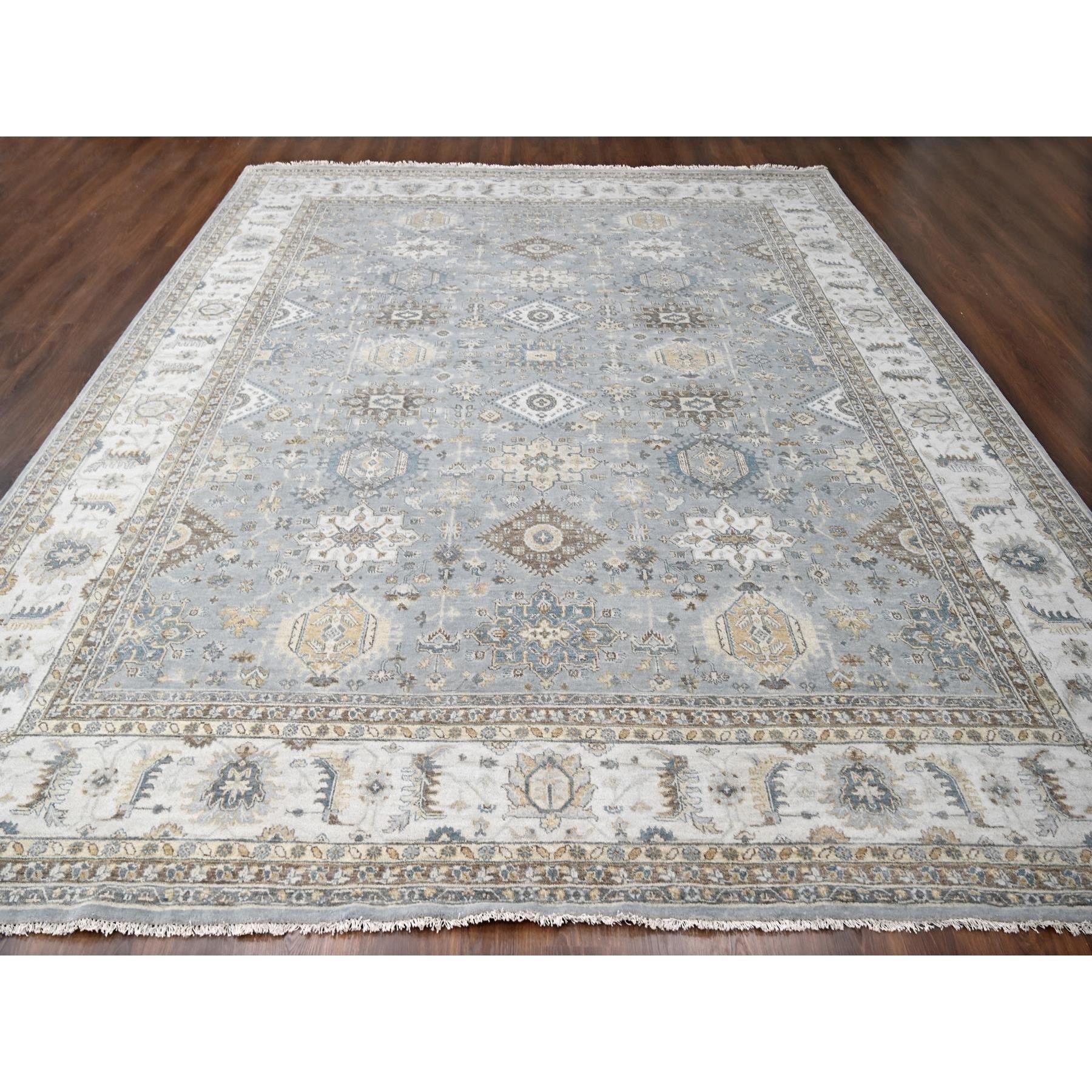 12'2"x15' Metallic Gray, Hand Knotted, Karajeh and Geometric Design, Organic Wool, Oversized, Oriental Rug Sh10030