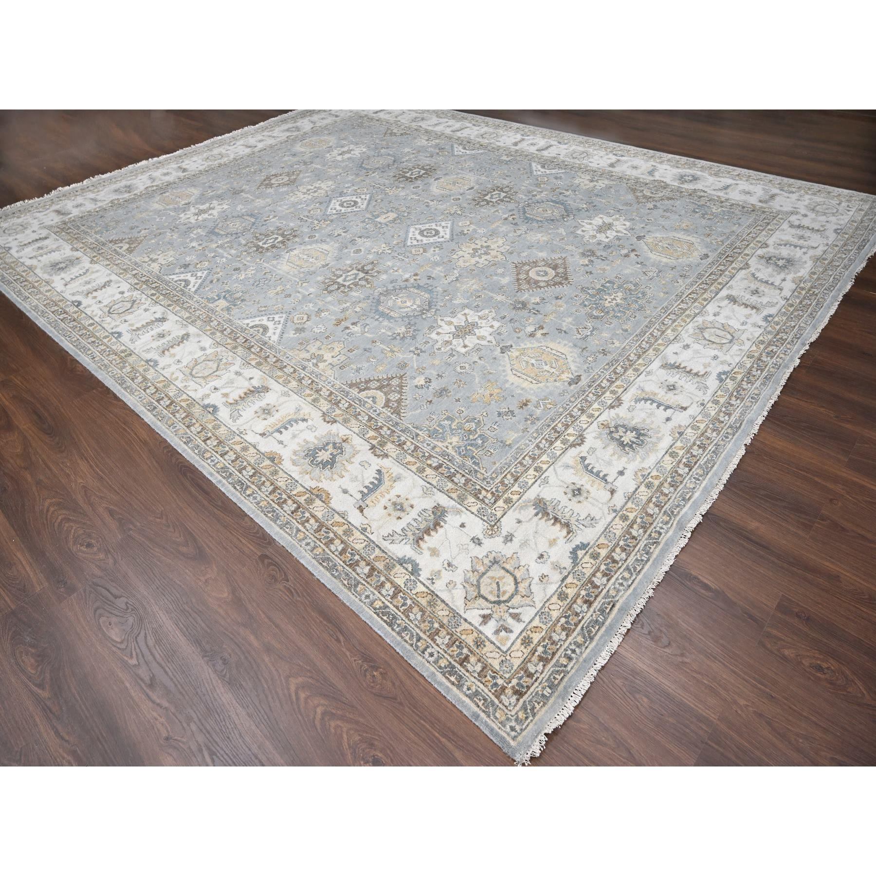 12'2"x15' Metallic Gray, Hand Knotted, Karajeh and Geometric Design, Organic Wool, Oversized, Oriental Rug Sh10030