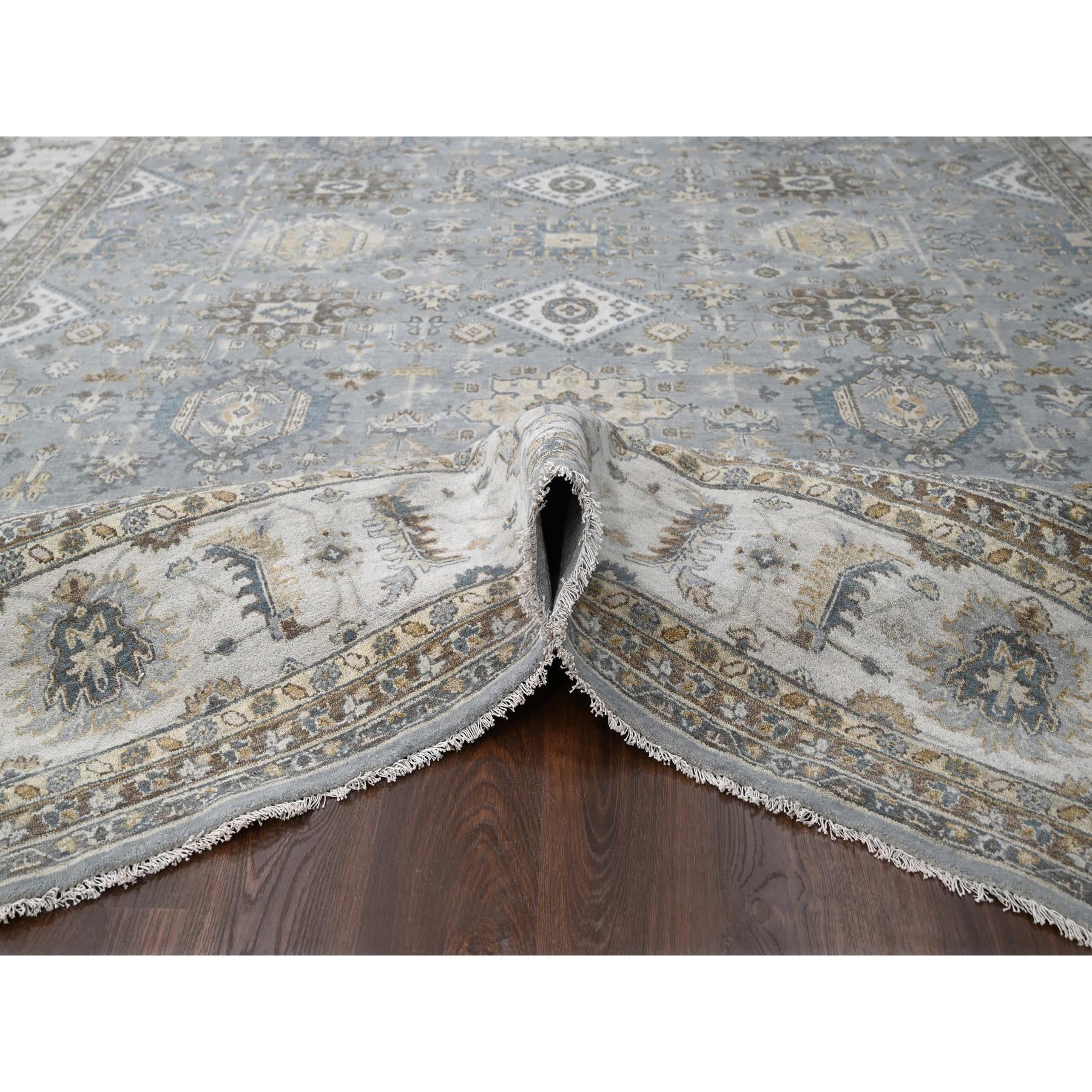 12'2"x15' Metallic Gray, Hand Knotted, Karajeh and Geometric Design, Organic Wool, Oversized, Oriental Rug Sh10030