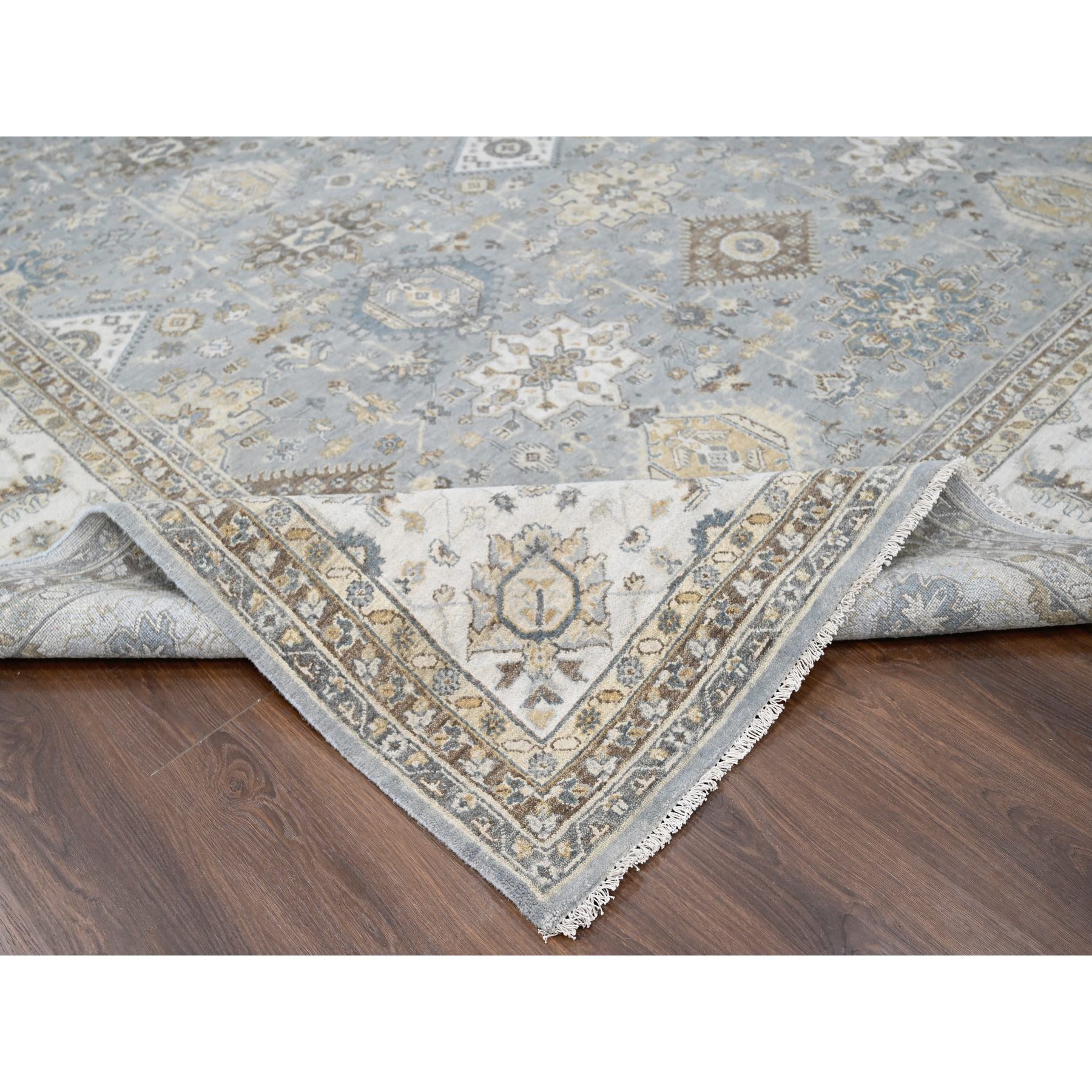 12'2"x15' Metallic Gray, Hand Knotted, Karajeh and Geometric Design, Organic Wool, Oversized, Oriental Rug Sh10030