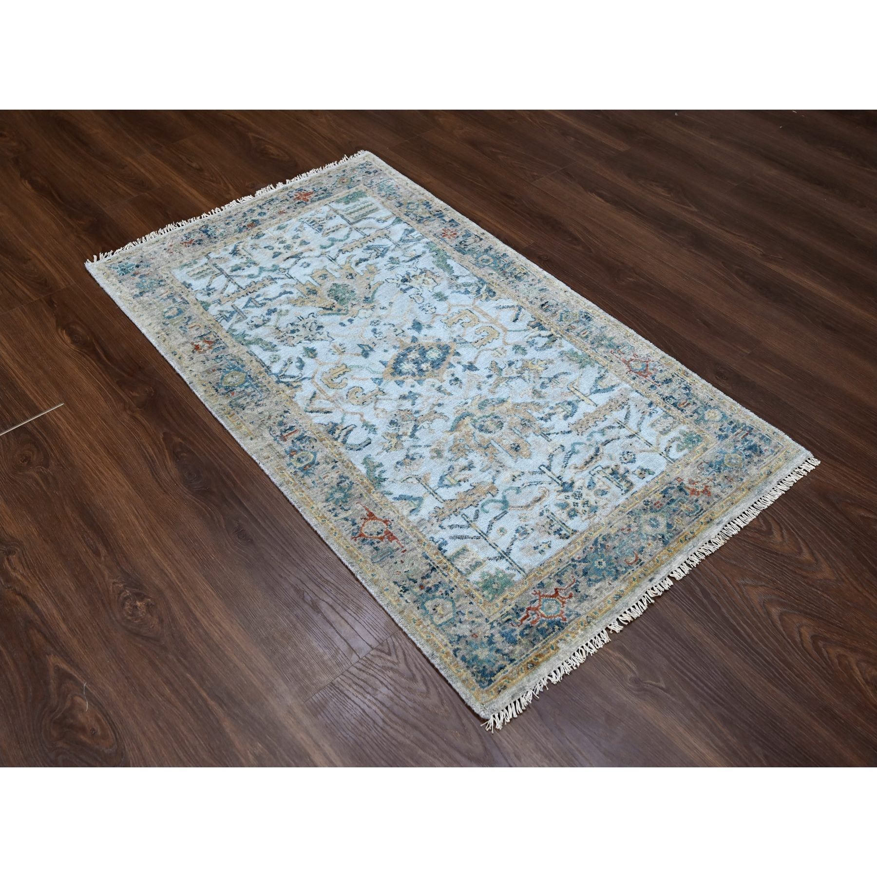 3'x4'10" Bright Gray, Broken and Erased Persian Heriz, All Over Design, Soft Color Palette, Hand Knotted, Organic Wool, Denser Weave, Oriental Rug Sh10034