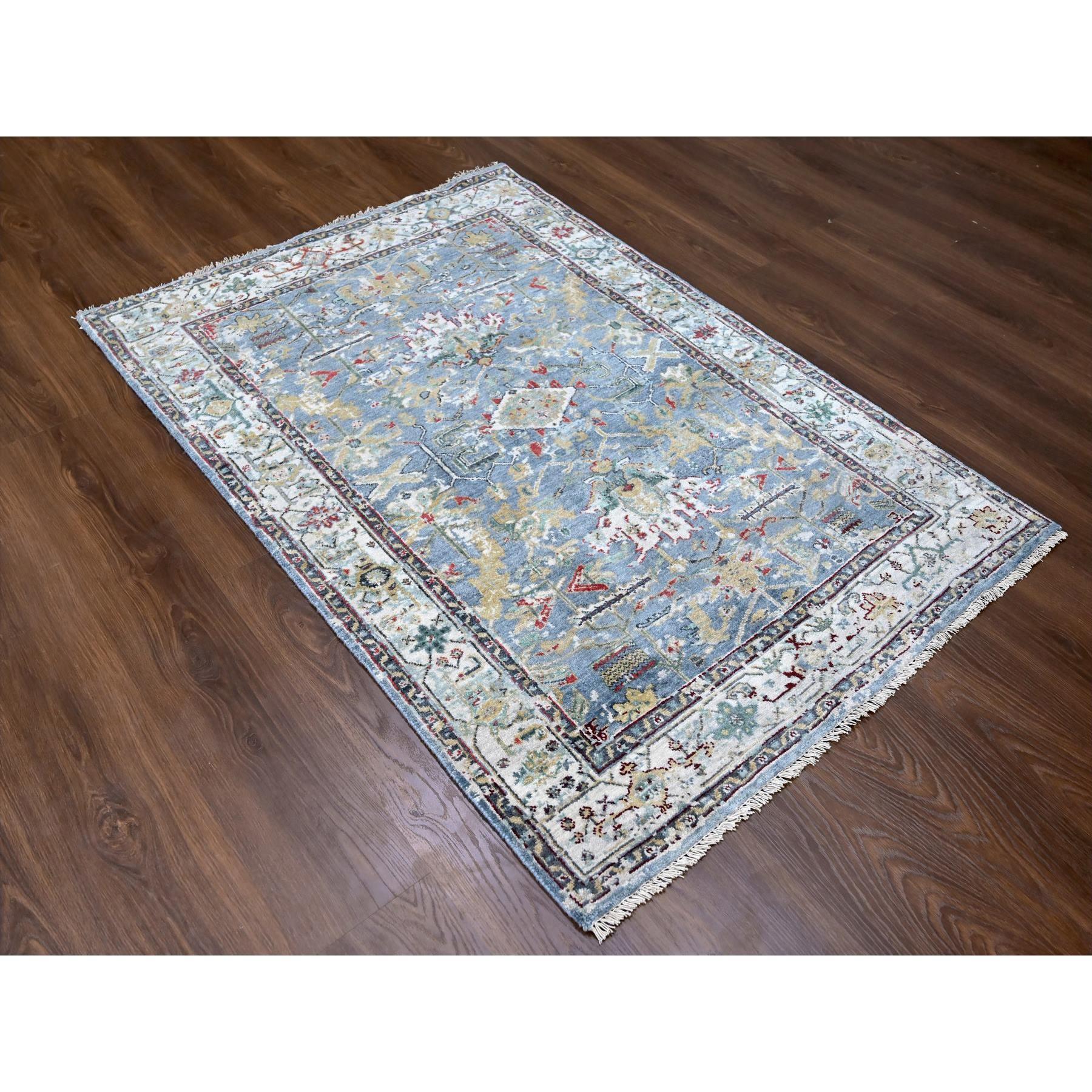 4'x5'9" Grayish Blue, Organic Wool, Denser Weave, Broken and Erased Persian Heriz, Soft Color Palette, Hand Knotted, All Over Design, Oriental Rug Sh10035