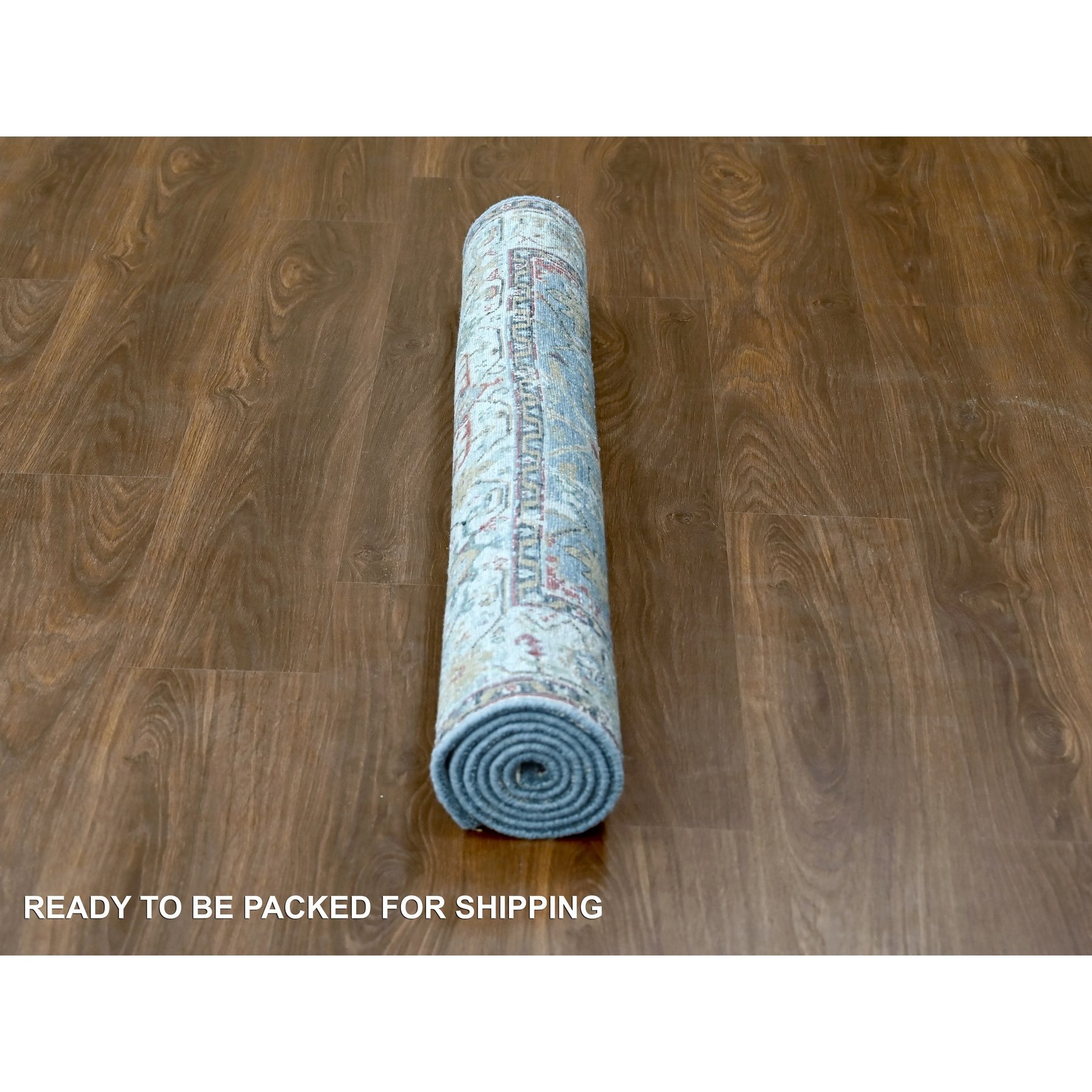 4'x5'9" Grayish Blue, Organic Wool, Denser Weave, Broken and Erased Persian Heriz, Soft Color Palette, Hand Knotted, All Over Design, Oriental Rug Sh10035