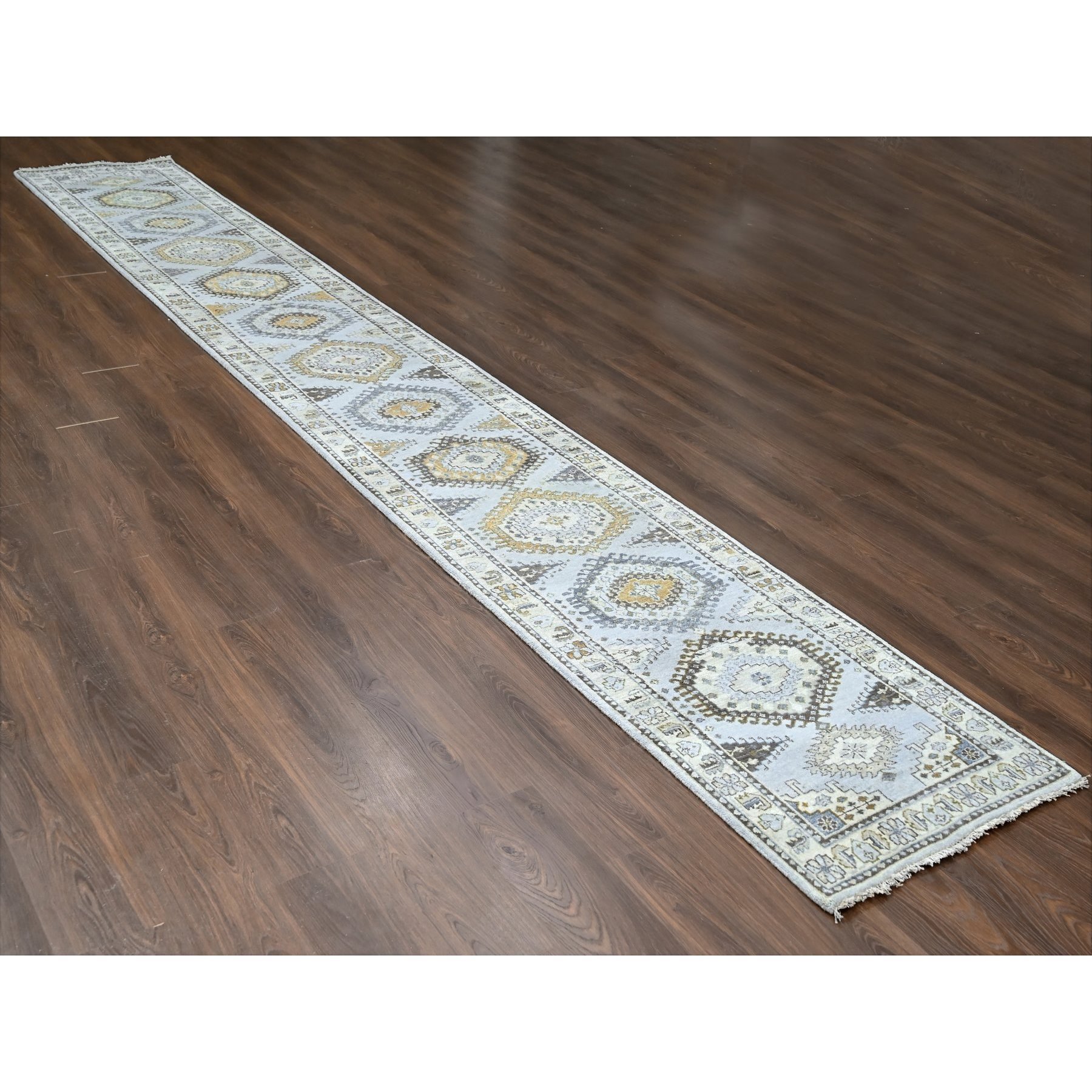2'9"x18' White Gray, Organic Wool, Hand Knotted, Persian Village Inspired, Geometric Elements Design, Natural Dyes, Denser Weave, XL Runner, Oriental Rug Sh10039