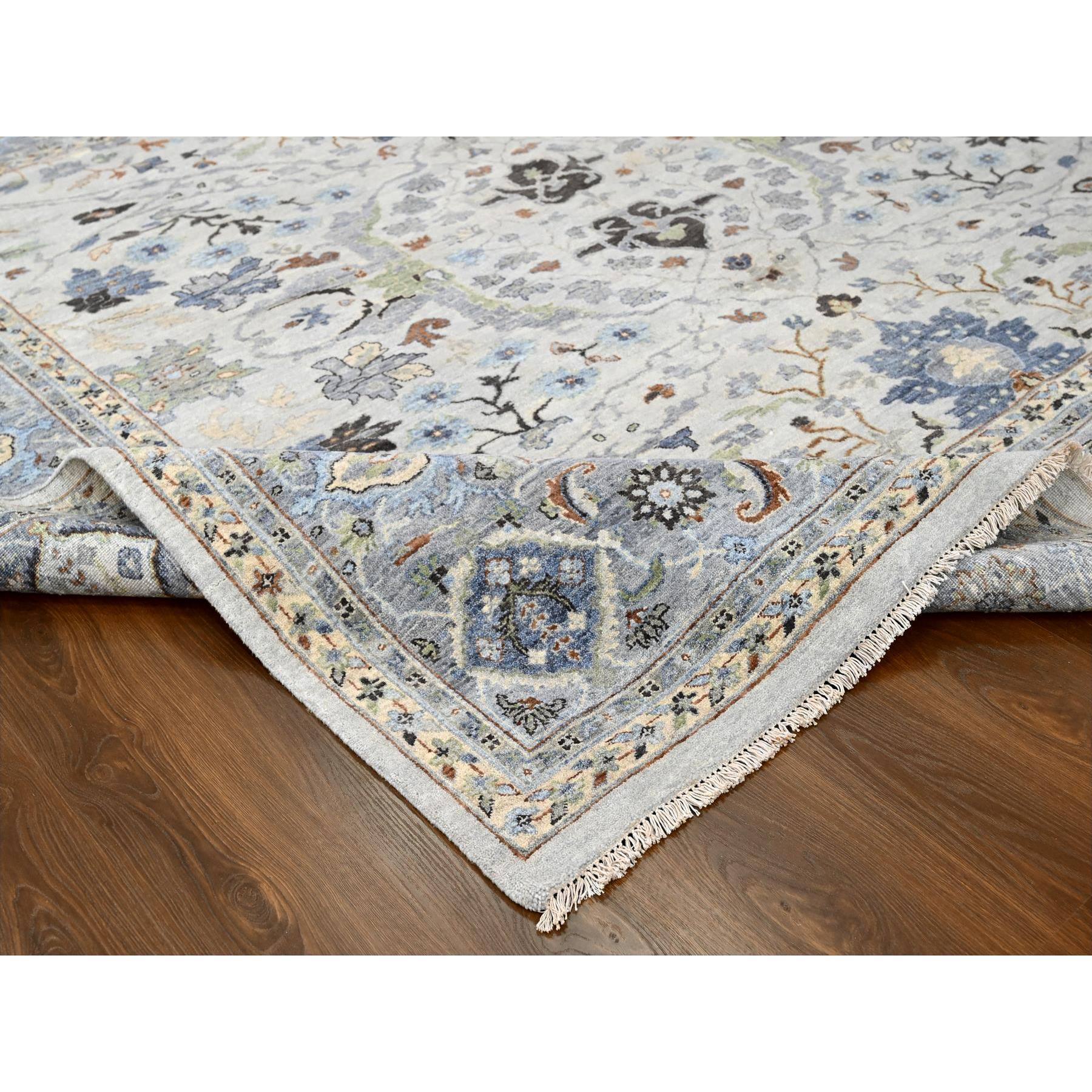9'10"x9'10" Bright Gray, Natural Wool, Denser Weave, Oushak with Floral Motifs, Hand Knotted, Square, Oriental Rug Sh10047