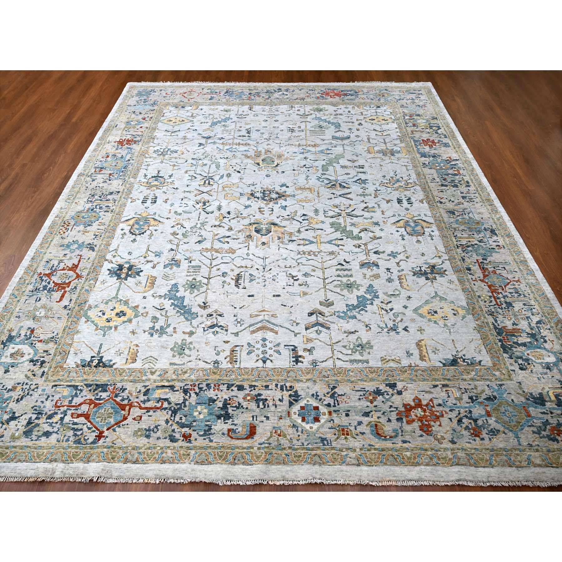11'10"x15' Heavenly Gray, Broken and Erased Persian Heriz Design, Natural Wool, Soft Color Pallet, Hand Knotted, Densely Woven, Oversized, Oriental Rug Sh10061