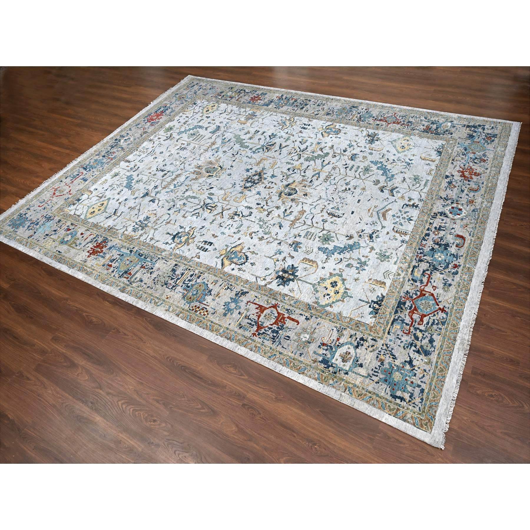 11'10"x15' Heavenly Gray, Broken and Erased Persian Heriz Design, Natural Wool, Soft Color Pallet, Hand Knotted, Densely Woven, Oversized, Oriental Rug Sh10061