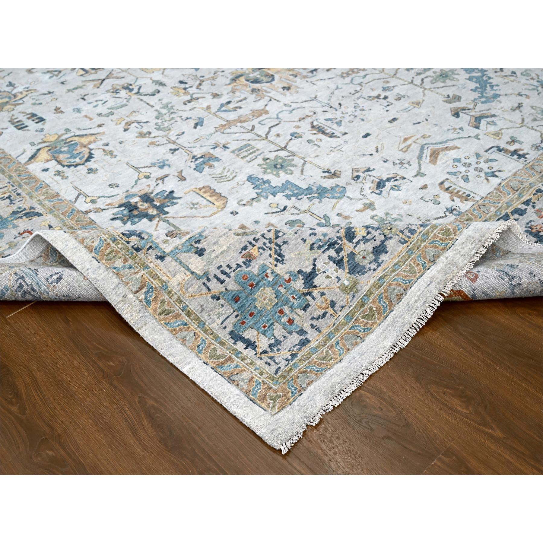 11'10"x15' Heavenly Gray, Broken and Erased Persian Heriz Design, Natural Wool, Soft Color Pallet, Hand Knotted, Densely Woven, Oversized, Oriental Rug Sh10061