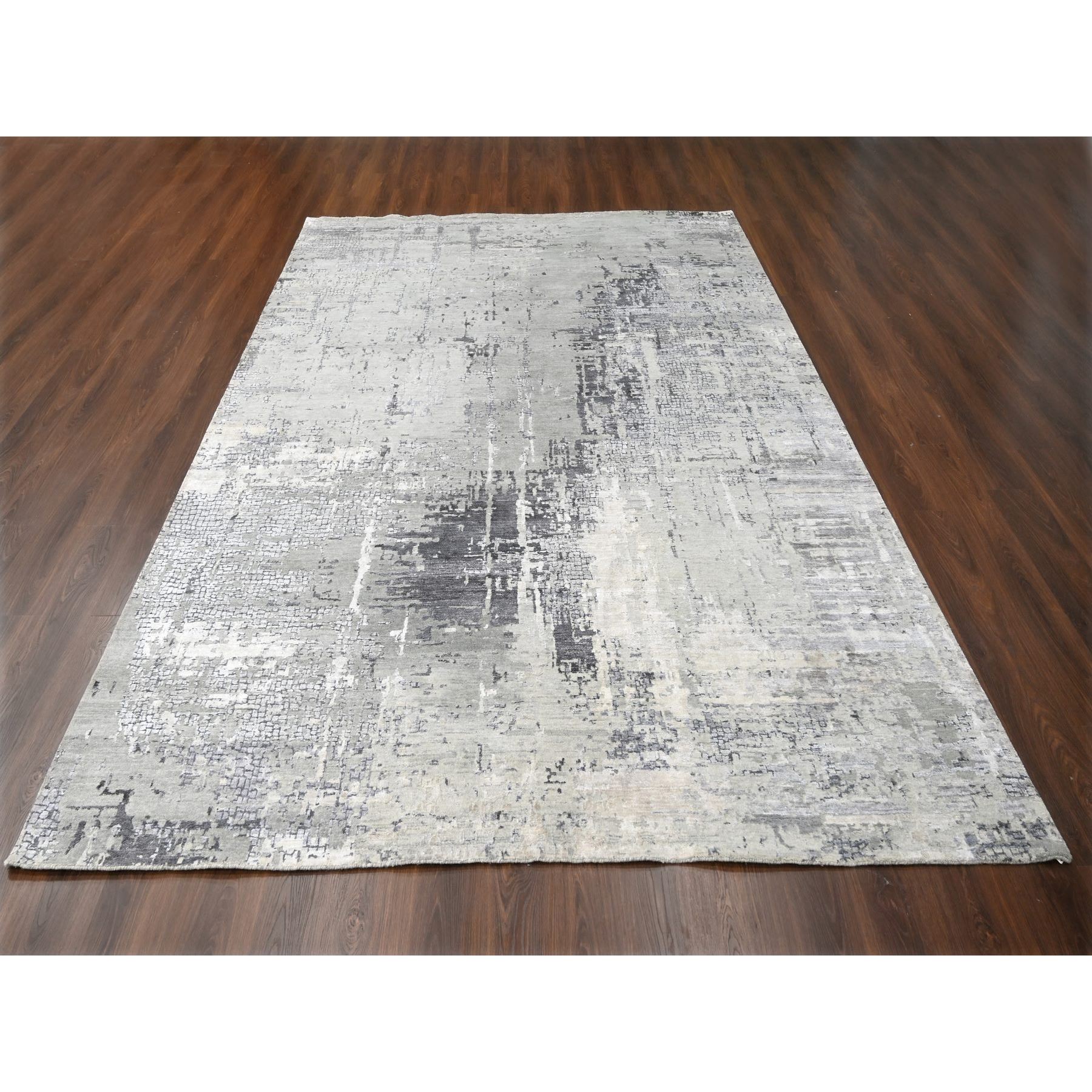 9'1"x11'10" Medium Gray, Abstract with Mosaic Design, Wool and Silk, Hand Knotted, Oriental Rug Sh10063