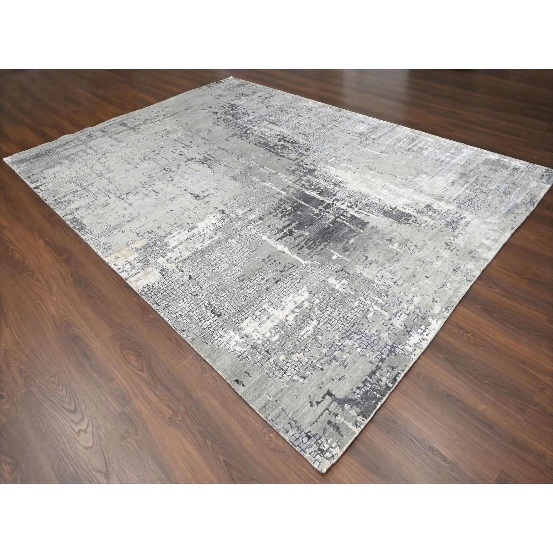 9'1"x11'10" Medium Gray, Abstract with Mosaic Design, Wool and Silk, Hand Knotted, Oriental Rug Sh10063