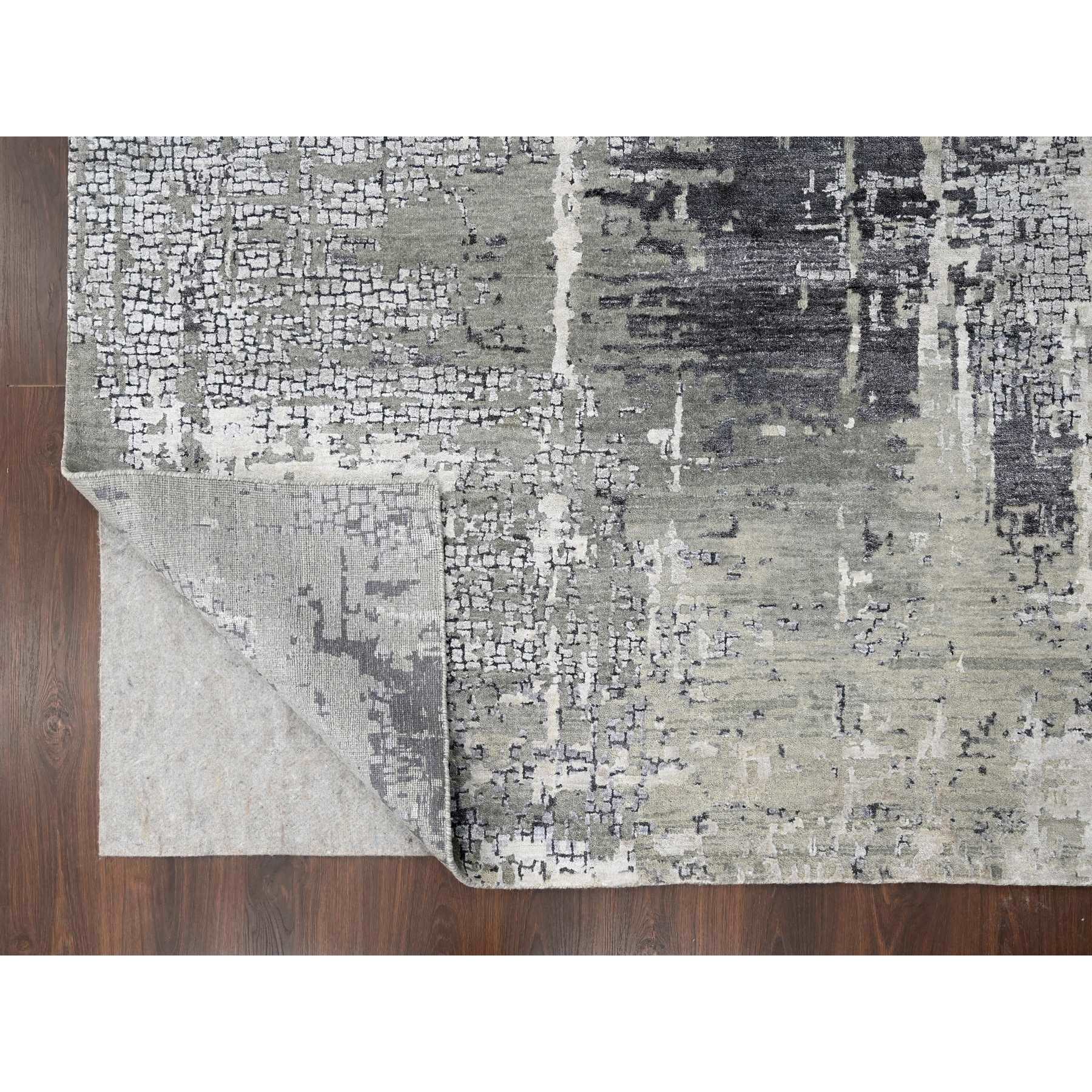 9'1"x11'10" Medium Gray, Abstract with Mosaic Design, Wool and Silk, Hand Knotted, Oriental Rug Sh10063