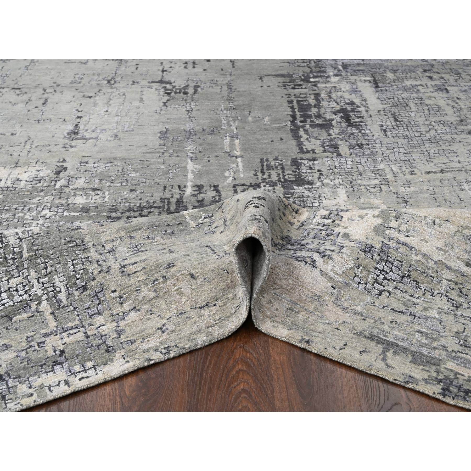 9'1"x11'10" Medium Gray, Abstract with Mosaic Design, Wool and Silk, Hand Knotted, Oriental Rug Sh10063