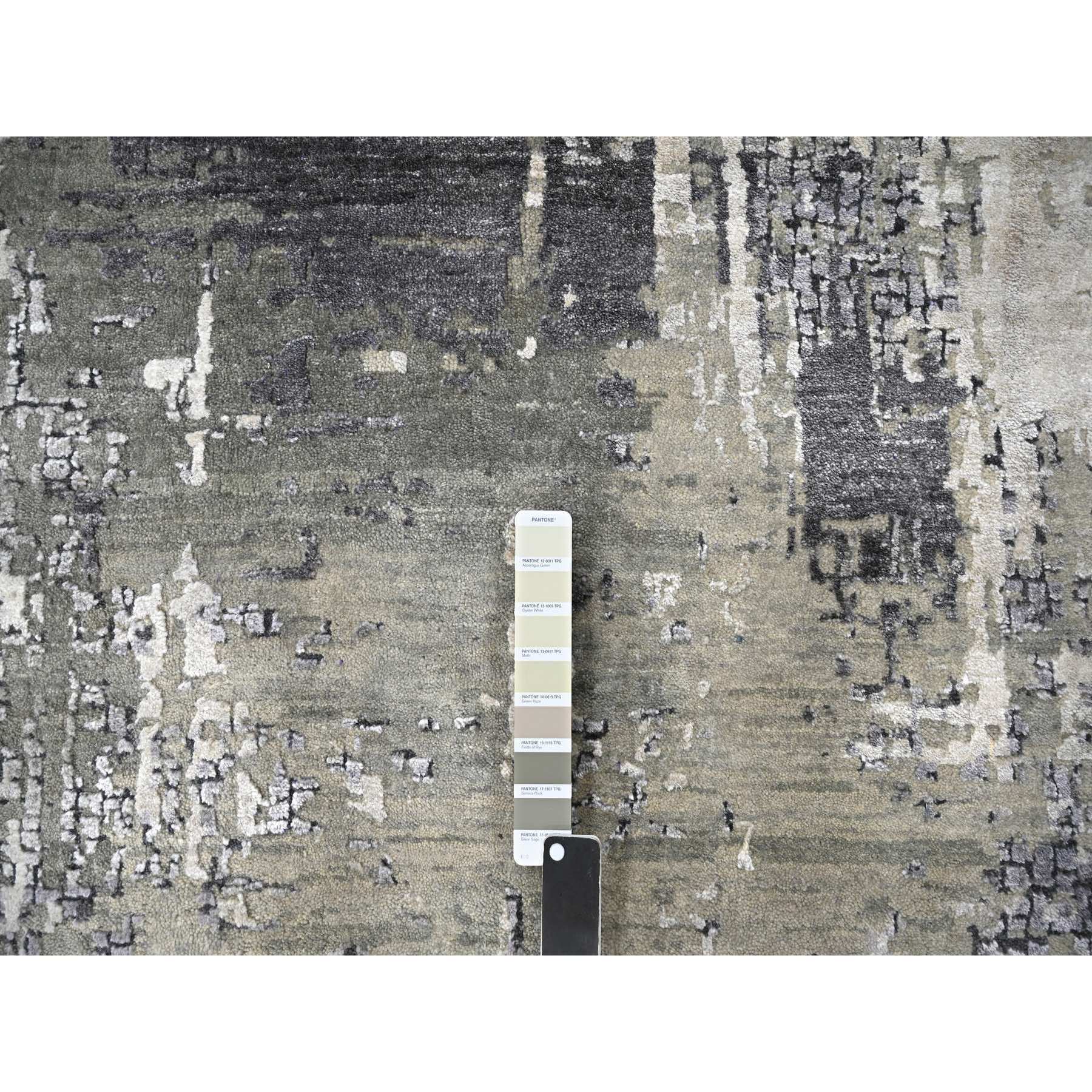 9'1"x11'10" Medium Gray, Abstract with Mosaic Design, Wool and Silk, Hand Knotted, Oriental Rug Sh10063