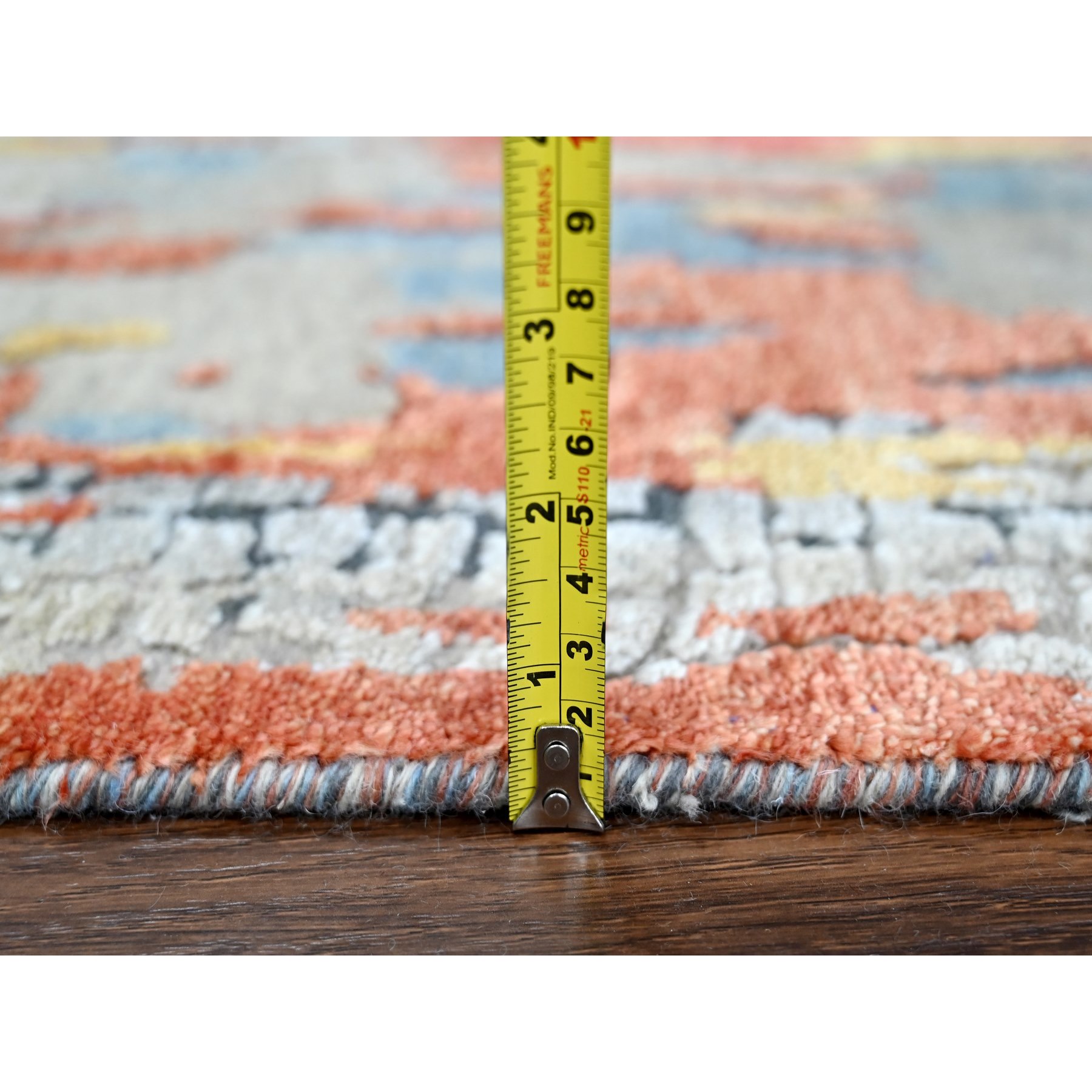 2'5"x25'8" Dark Coral with Cloud Gray, Abstract with Fire Mosaic Design, Hand Knotted, Wool and Silk, XL Runner, Oriental Rug Sh10064