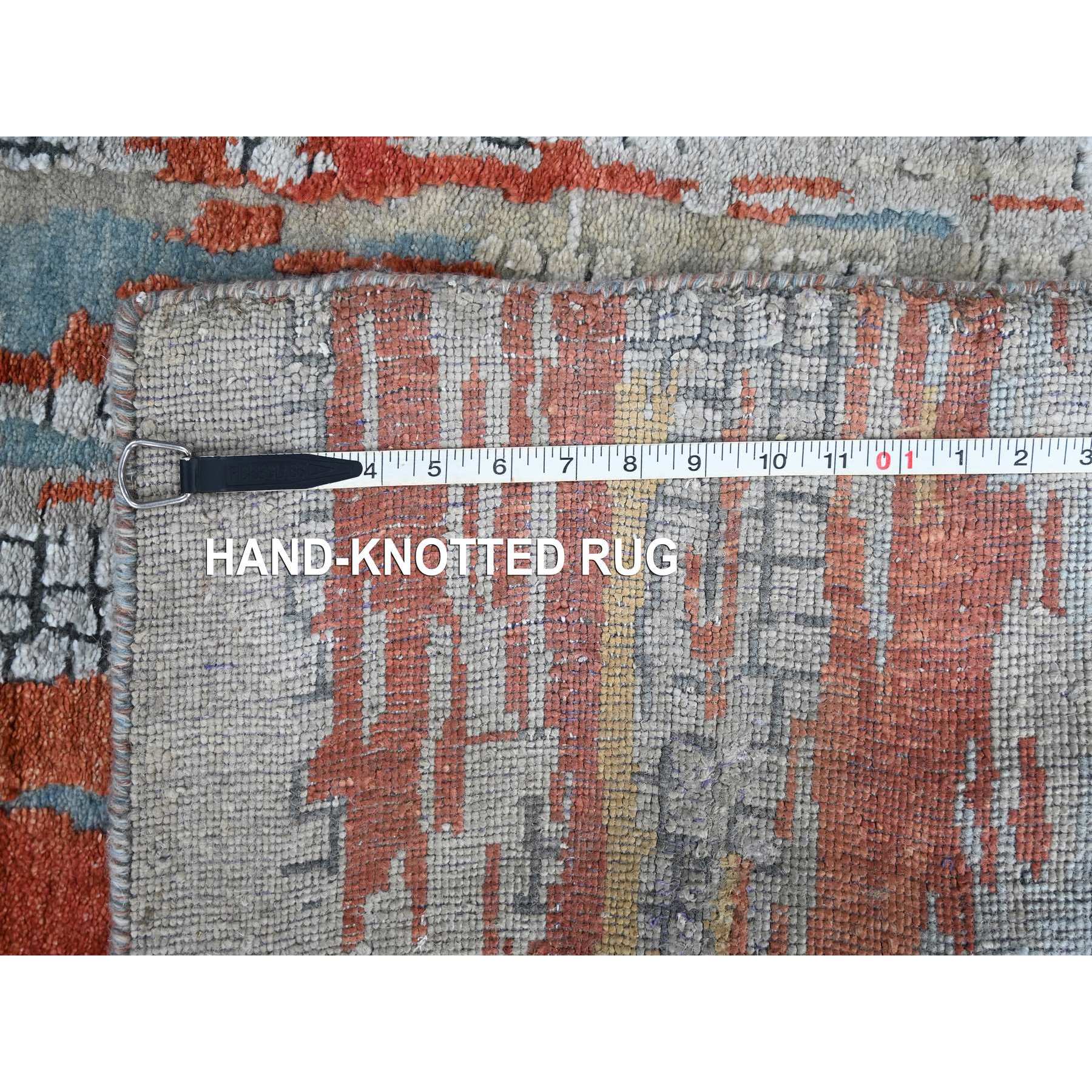 2'5"x25'8" Dark Coral with Cloud Gray, Abstract with Fire Mosaic Design, Hand Knotted, Wool and Silk, XL Runner, Oriental Rug Sh10064