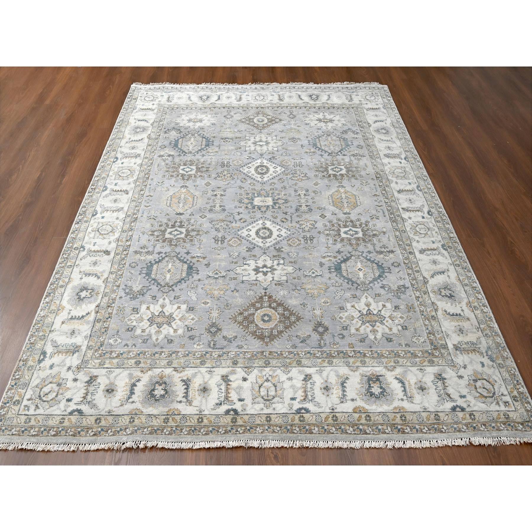 8'x10'1" Cloud Gray, Karajeh and Geometric Design, Organic Wool, Hand Knotted, Oriental Rug Sh10066