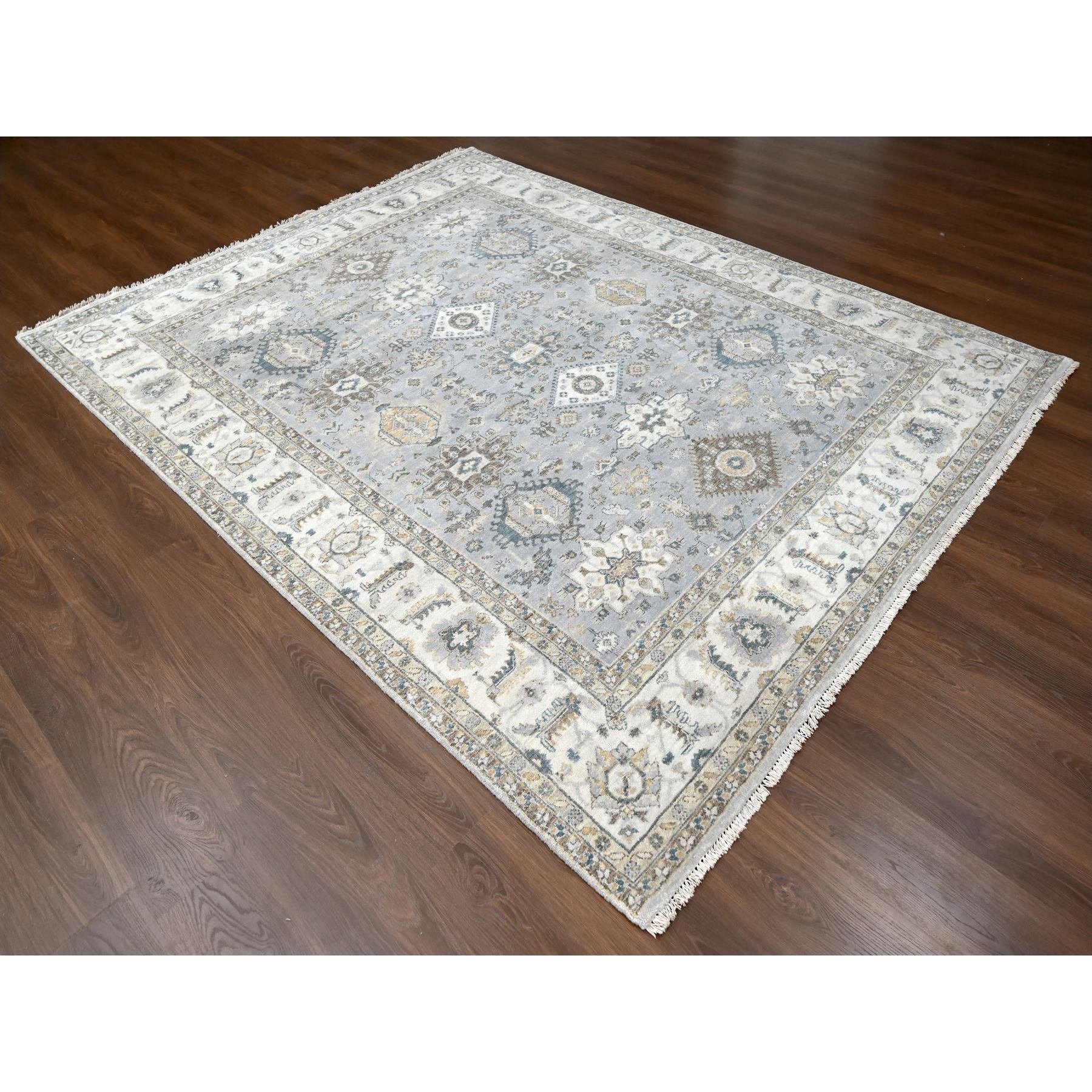 8'x10'1" Cloud Gray, Karajeh and Geometric Design, Organic Wool, Hand Knotted, Oriental Rug Sh10066