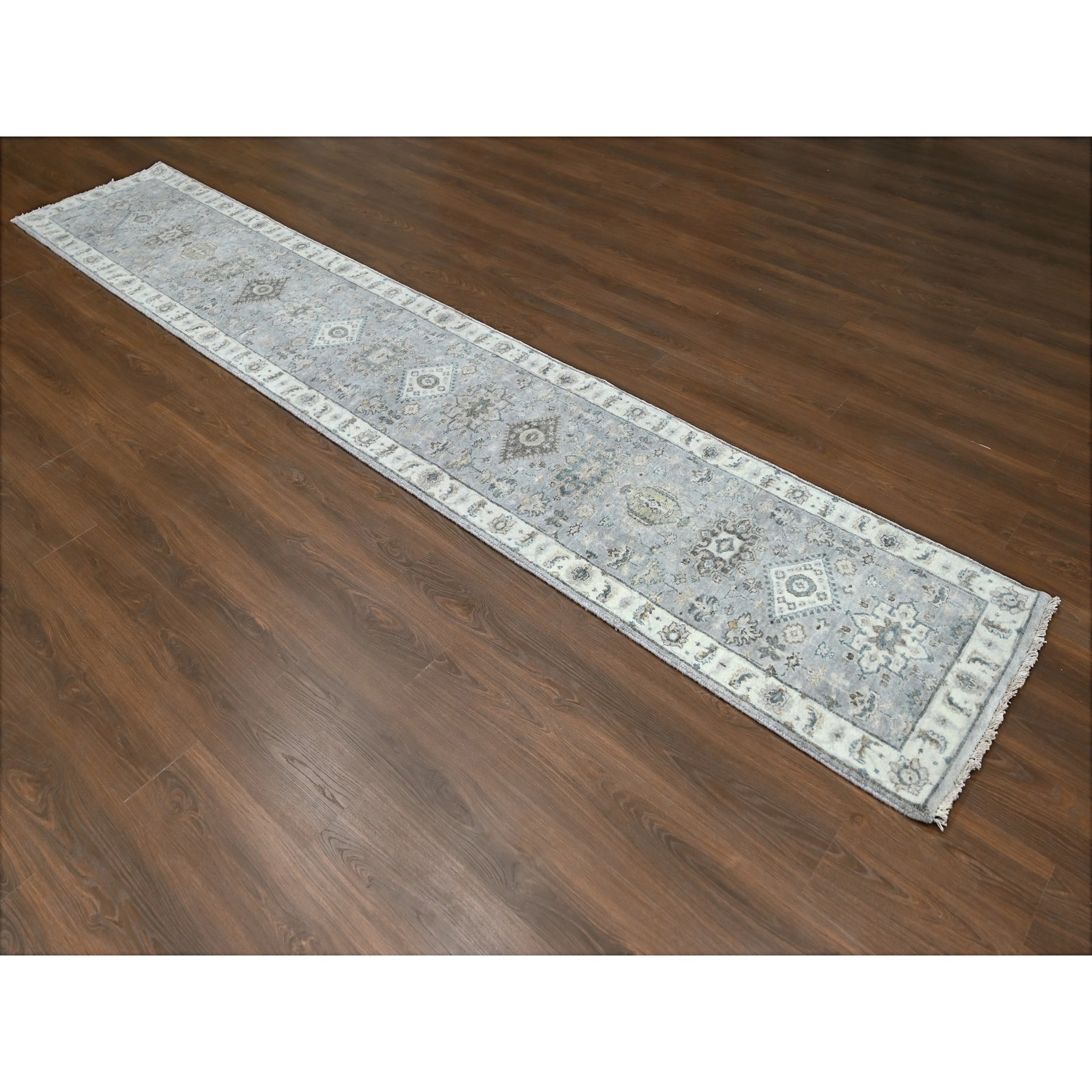 2'9"x14' Medium Gray, Hand Knotted, Karajeh and Geometric Design, Organic Wool, Runner, Oriental Rug Sh10069