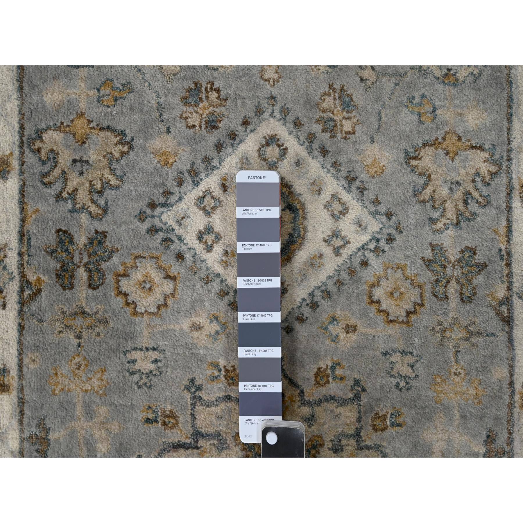 2'9"x14' Medium Gray, Hand Knotted, Karajeh and Geometric Design, Organic Wool, Runner, Oriental Rug Sh10069