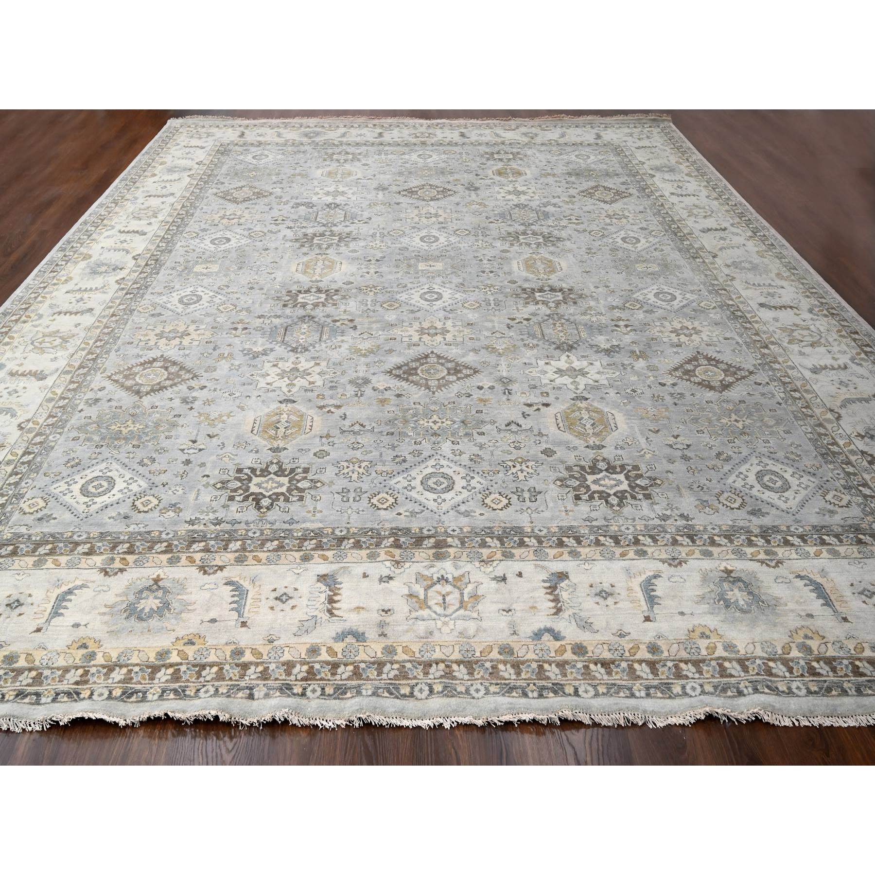 14'x17'9" Chrome Gray, Karajeh and Geometric Design, Hand Knotted, Organic Wool, Oversized, Oriental Rug Sh10070