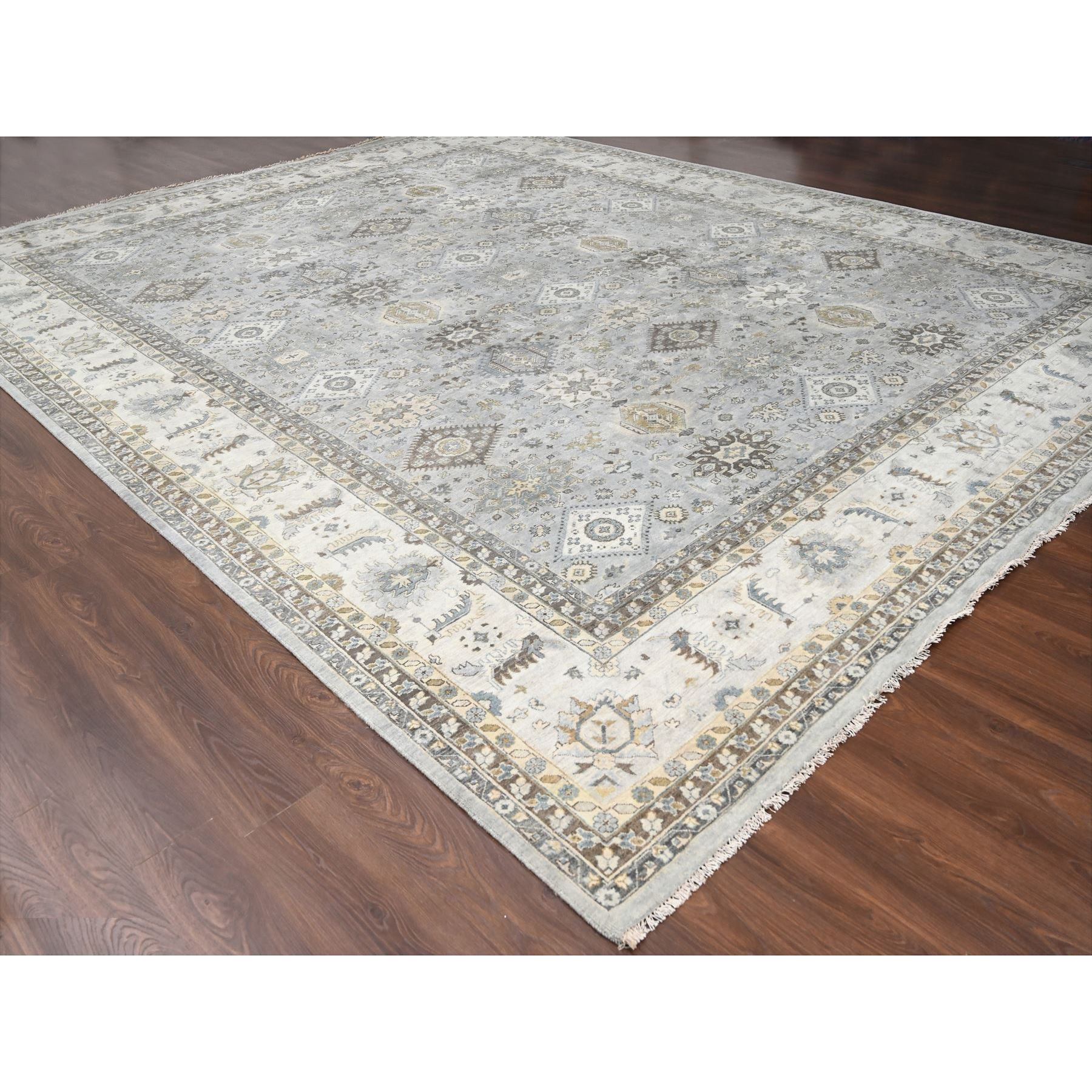 14'x17'9" Chrome Gray, Karajeh and Geometric Design, Hand Knotted, Organic Wool, Oversized, Oriental Rug Sh10070