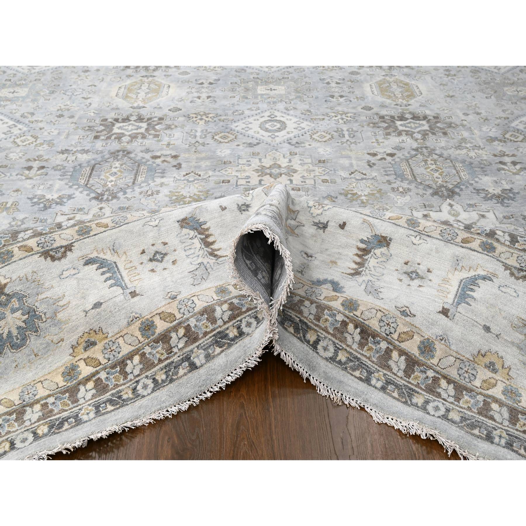14'x17'9" Chrome Gray, Karajeh and Geometric Design, Hand Knotted, Organic Wool, Oversized, Oriental Rug Sh10070