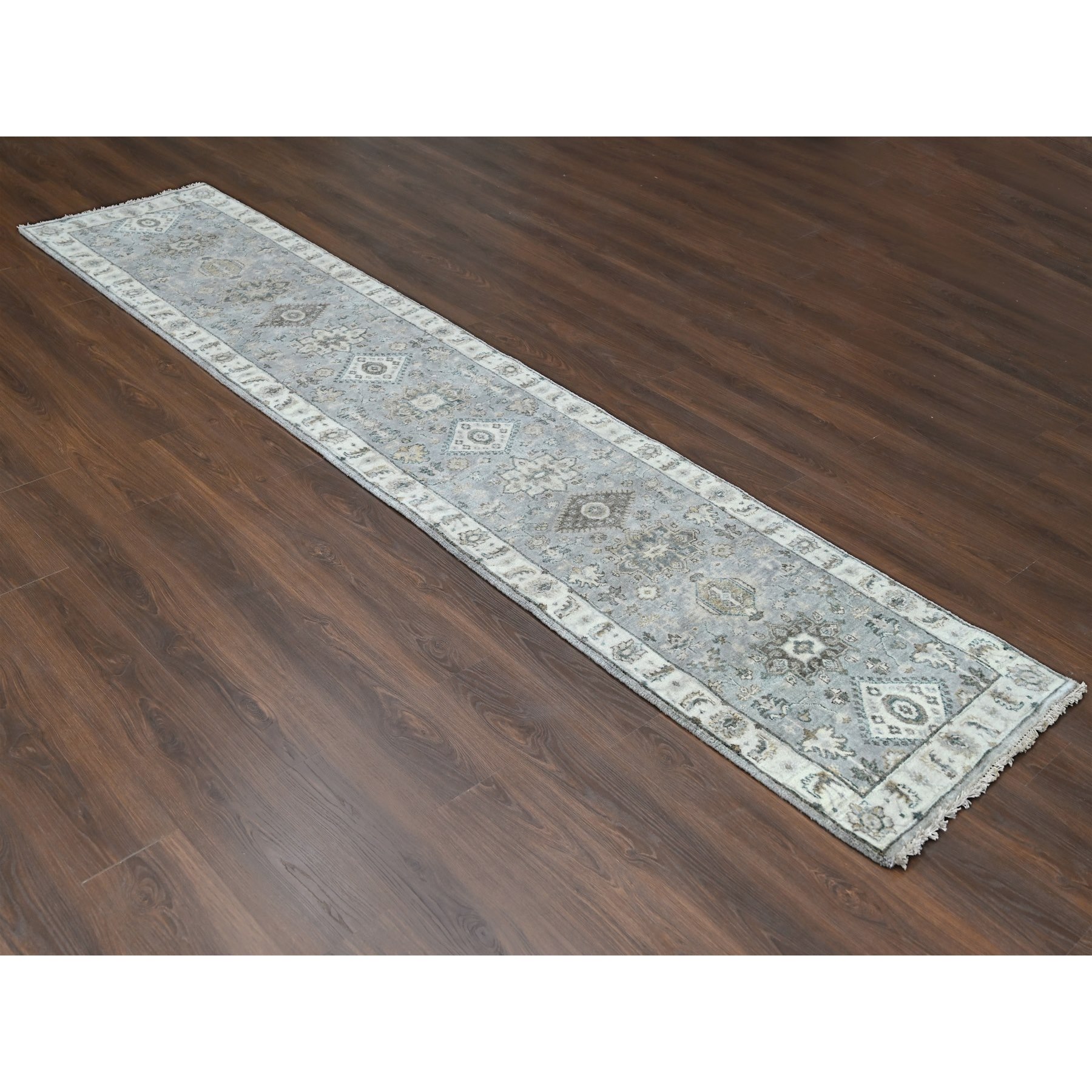 2'6"x11'8" Mist Gray, Karajeh and Geometric Design, Pure Wool, Hand Knotted, Oriental, Runner Rug Sh10071