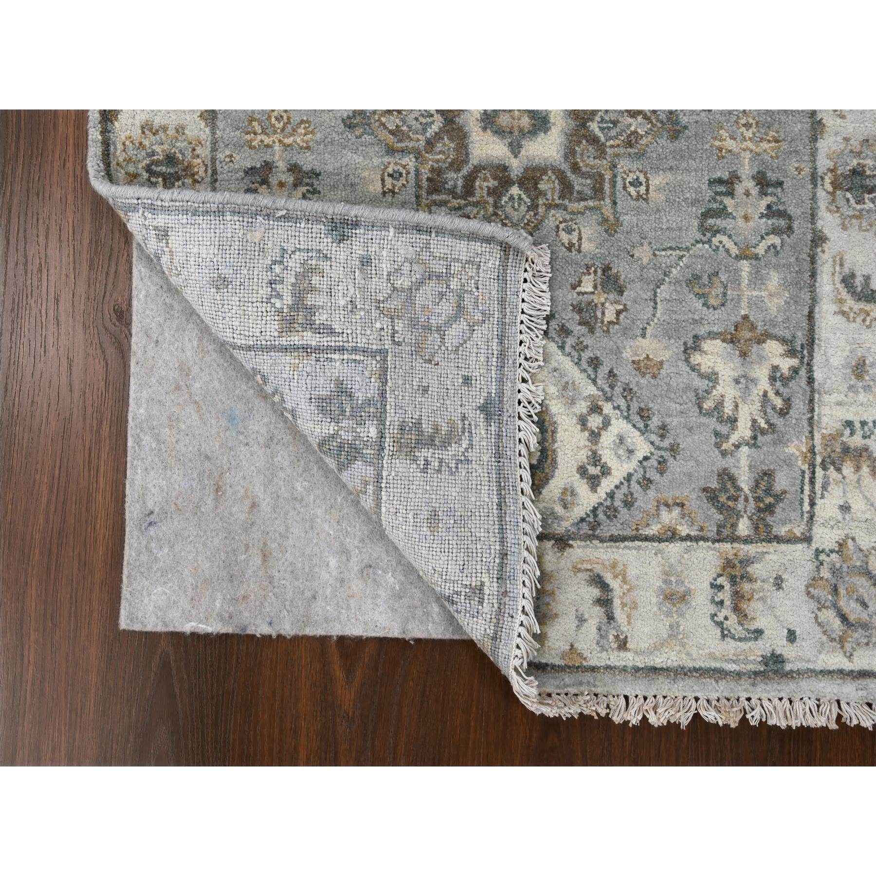 2'6"x11'8" Mist Gray, Karajeh and Geometric Design, Pure Wool, Hand Knotted, Oriental, Runner Rug Sh10071