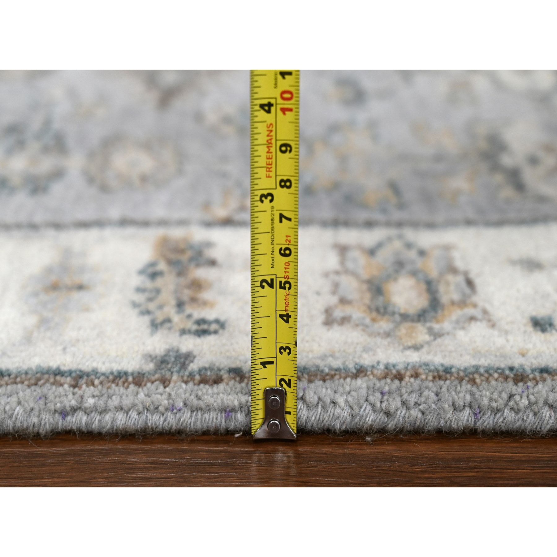 2'6"x11'8" Mist Gray, Karajeh and Geometric Design, Pure Wool, Hand Knotted, Oriental, Runner Rug Sh10071