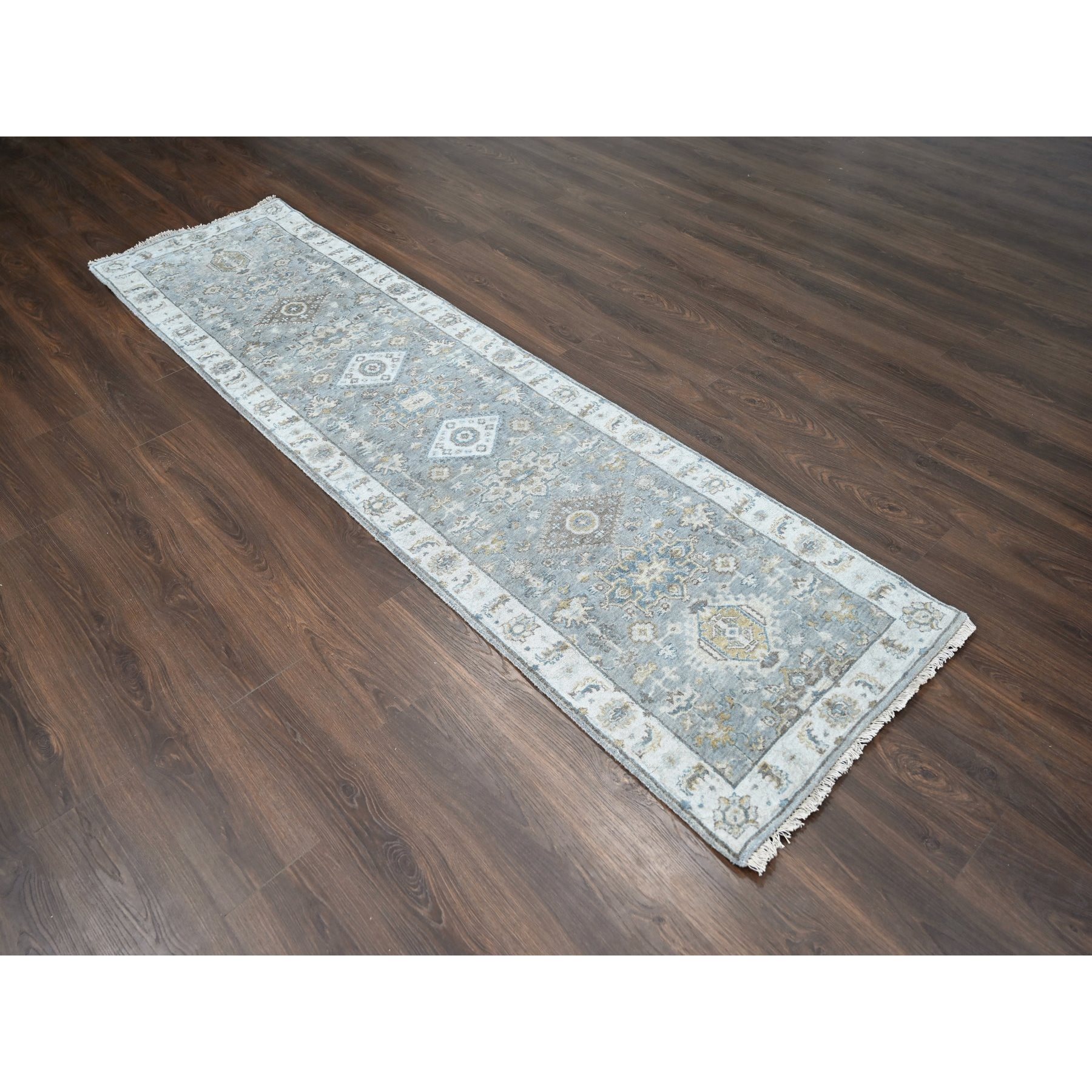 2'7"x9'9" Cloud Gray, Organic Wool, Karajeh and Geometric Design, Hand Knotted, Runner, Oriental Rug Sh10073