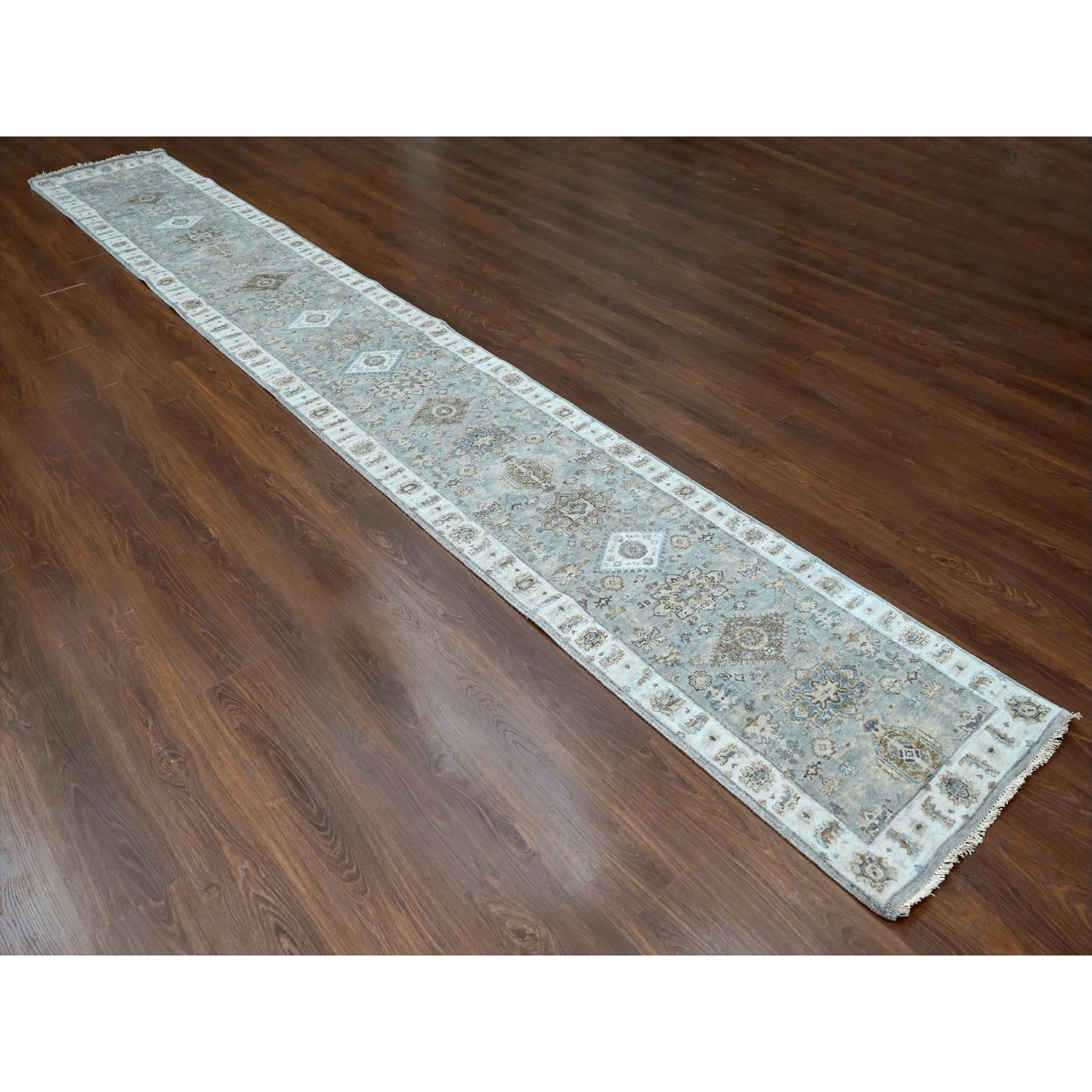 2'6"x18' Misty Gray, Karajeh and Geometric Design, Natural Wool, Hand Knotted, XL Runner, Oriental Rug Sh10075