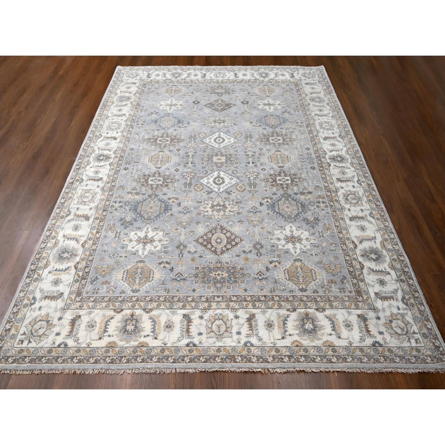 9'1"x12' Medium Gray, Pure Wool, Karajeh and Geometric Design, Hand Knotted, Oriental Rug Sh10076