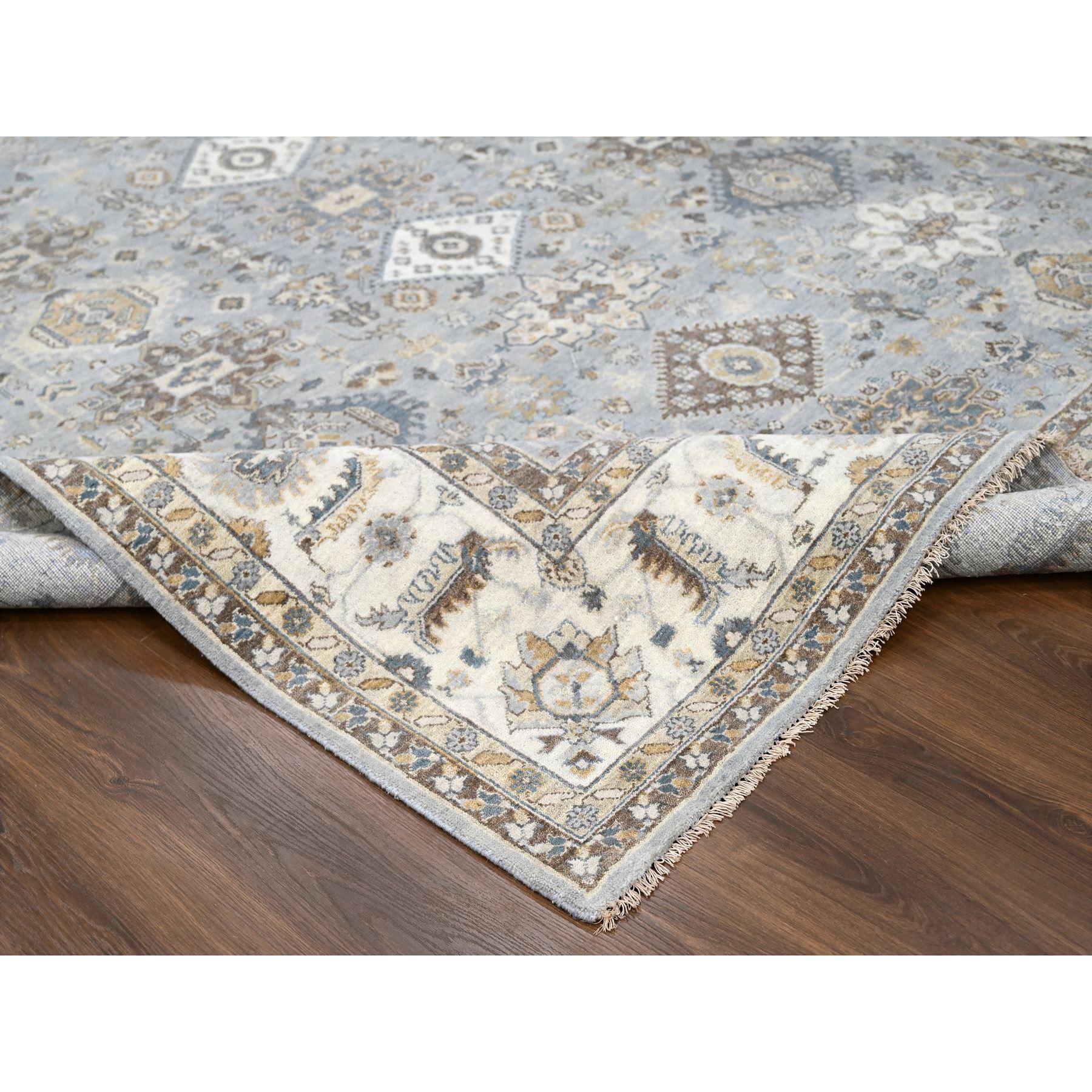 9'1"x12' Medium Gray, Pure Wool, Karajeh and Geometric Design, Hand Knotted, Oriental Rug Sh10076