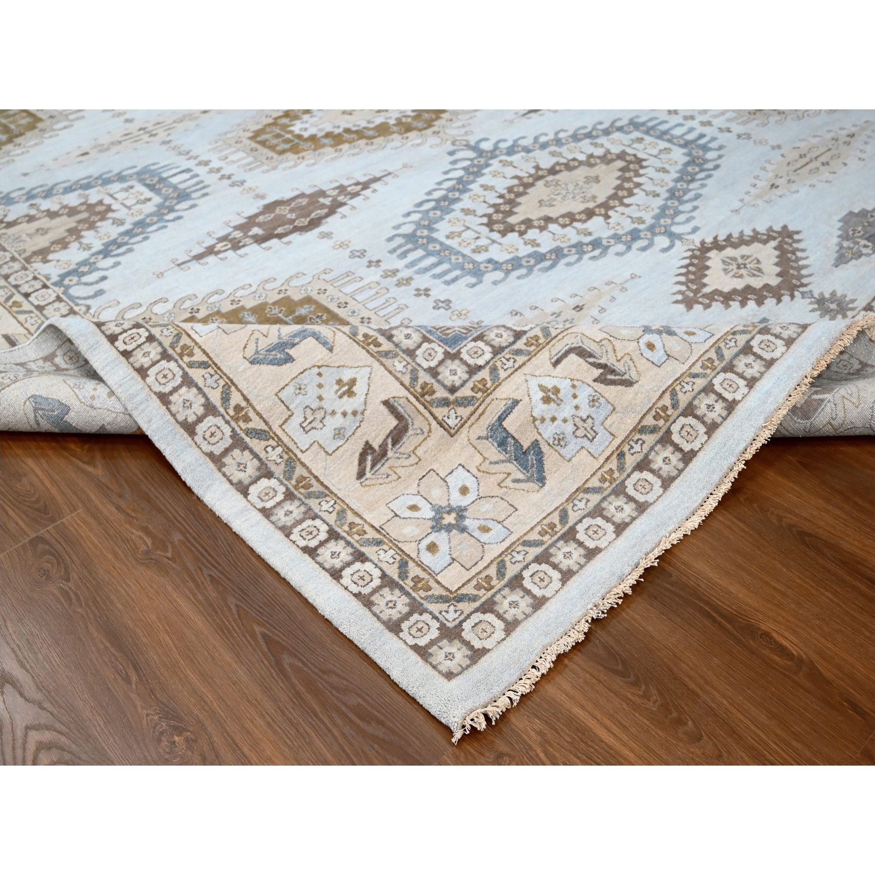 12'x14'8" Cloud Gray, Persian Village Inspired Geometric Elements Design, Pure Wool, Natural Dyes, Denser Weave, Hand Knotted, Oriental Oversized Rug Sh10078