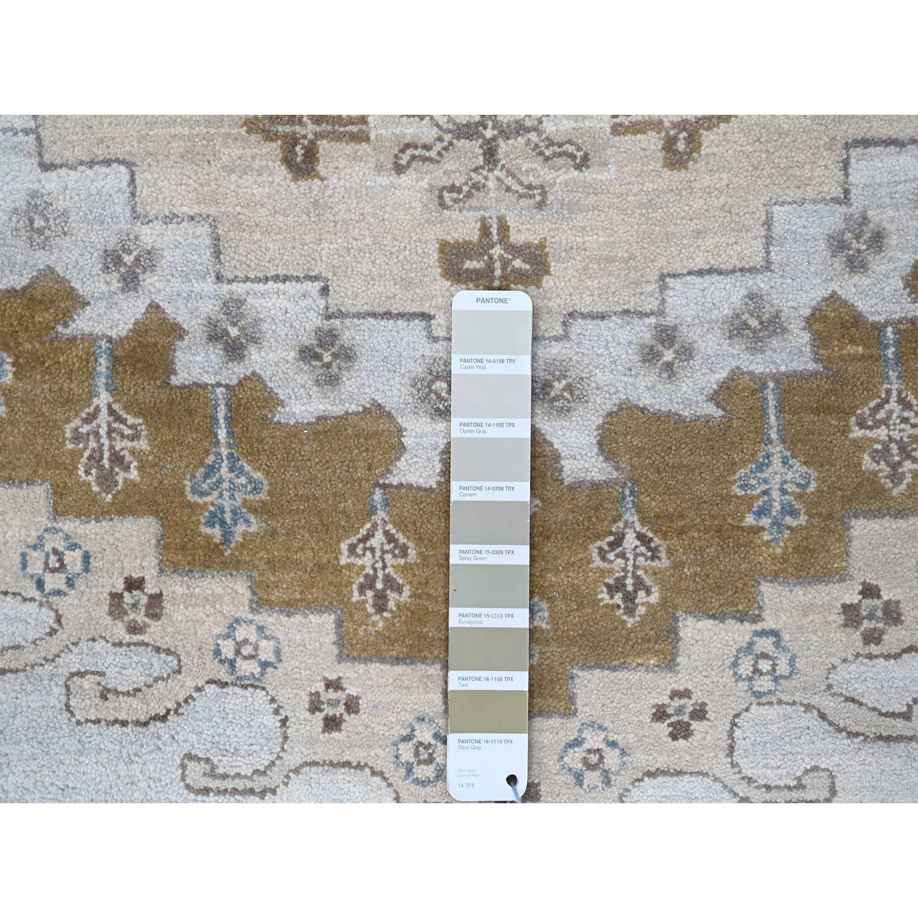 12'x14'8" Cloud Gray, Persian Village Inspired Geometric Elements Design, Pure Wool, Natural Dyes, Denser Weave, Hand Knotted, Oriental Oversized Rug Sh10078