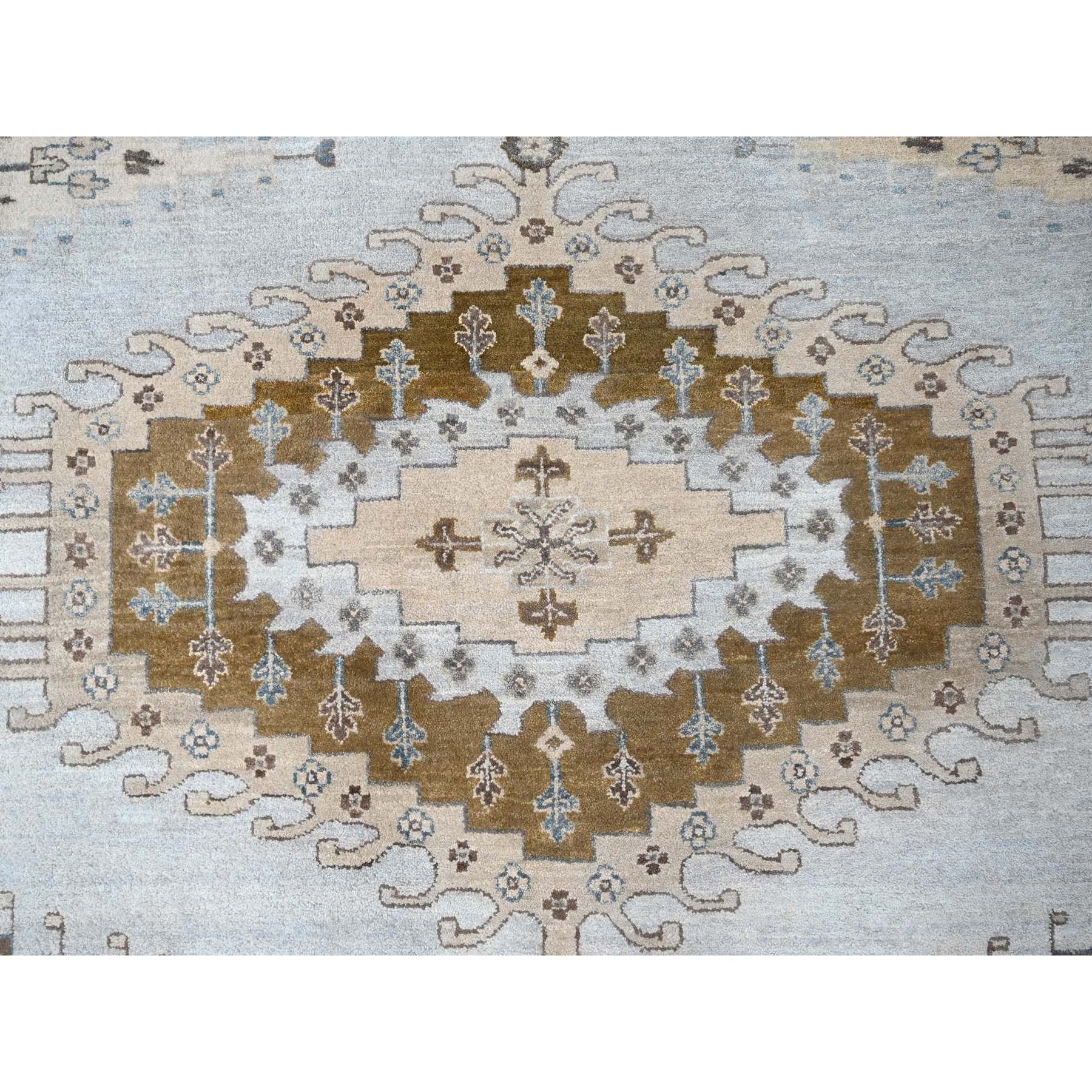 12'x14'8" Cloud Gray, Persian Village Inspired Geometric Elements Design, Pure Wool, Natural Dyes, Denser Weave, Hand Knotted, Oriental Oversized Rug Sh10078