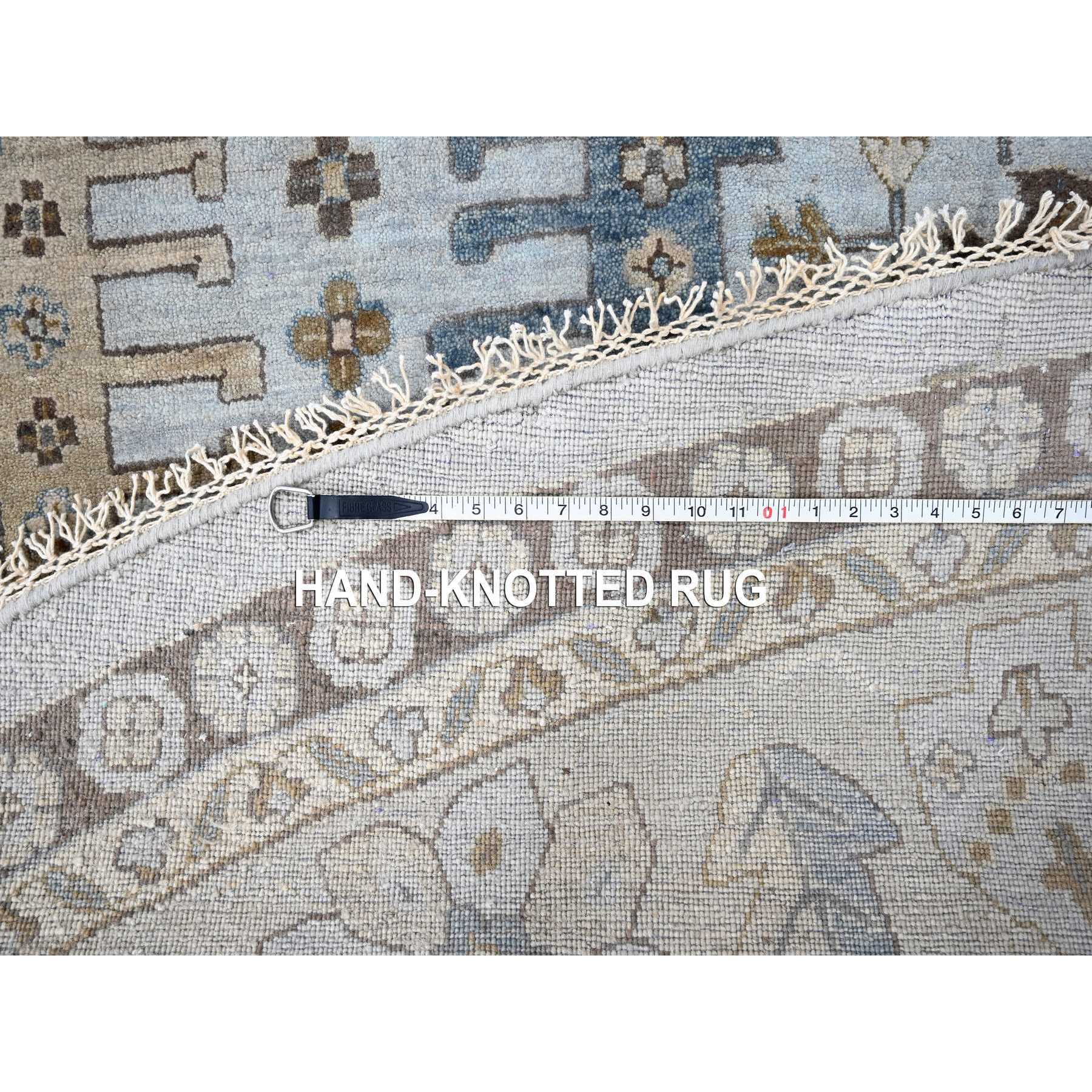 13'10"x13'10" Mist Gray, Hand Knotted, Persian Village Inspired Geometric Elements Design, Natural Dyes, Denser Weave, Pure Wool, Round, Oriental Rug Sh10079